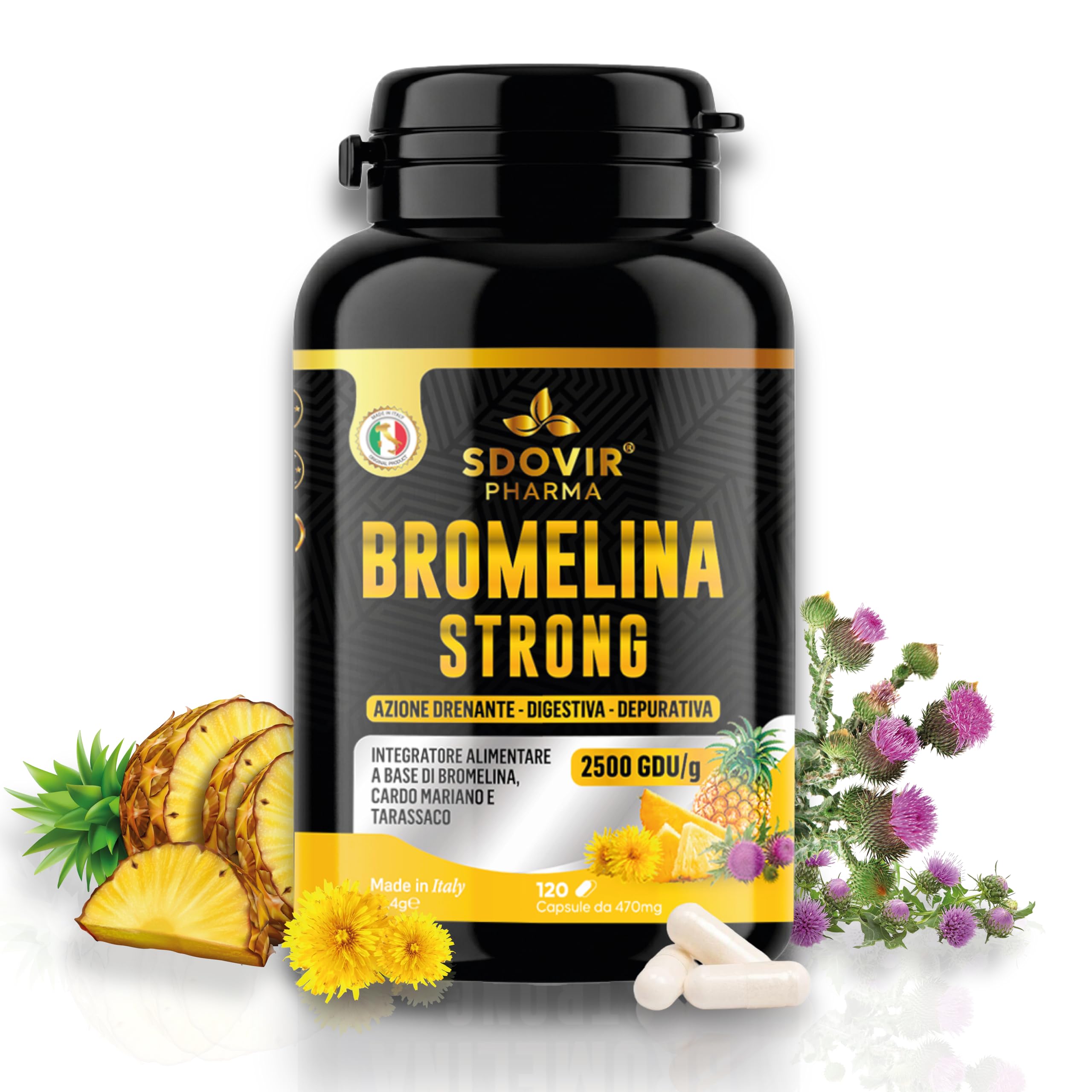 Bromelina Forte Drenante, con Tarassaco e Cardo Mariano, Alto Dosaggio 2500 GDU/g, Anticellulite Forte, Microcircolo Gambe, Gastroprotetta, Detox Fegato, 120 Capsule - Bromelina Strong
