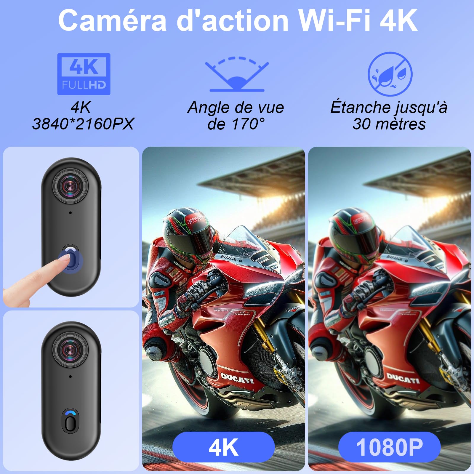 Caméra d'action WiFi 4K, Mini Caméra d'action Sportive 170°, Caméra pour Casque de Moto, Caméra Vidéo Portable Étanche 32 Go avec Aimant pour Le Cyclisme et la Pêche