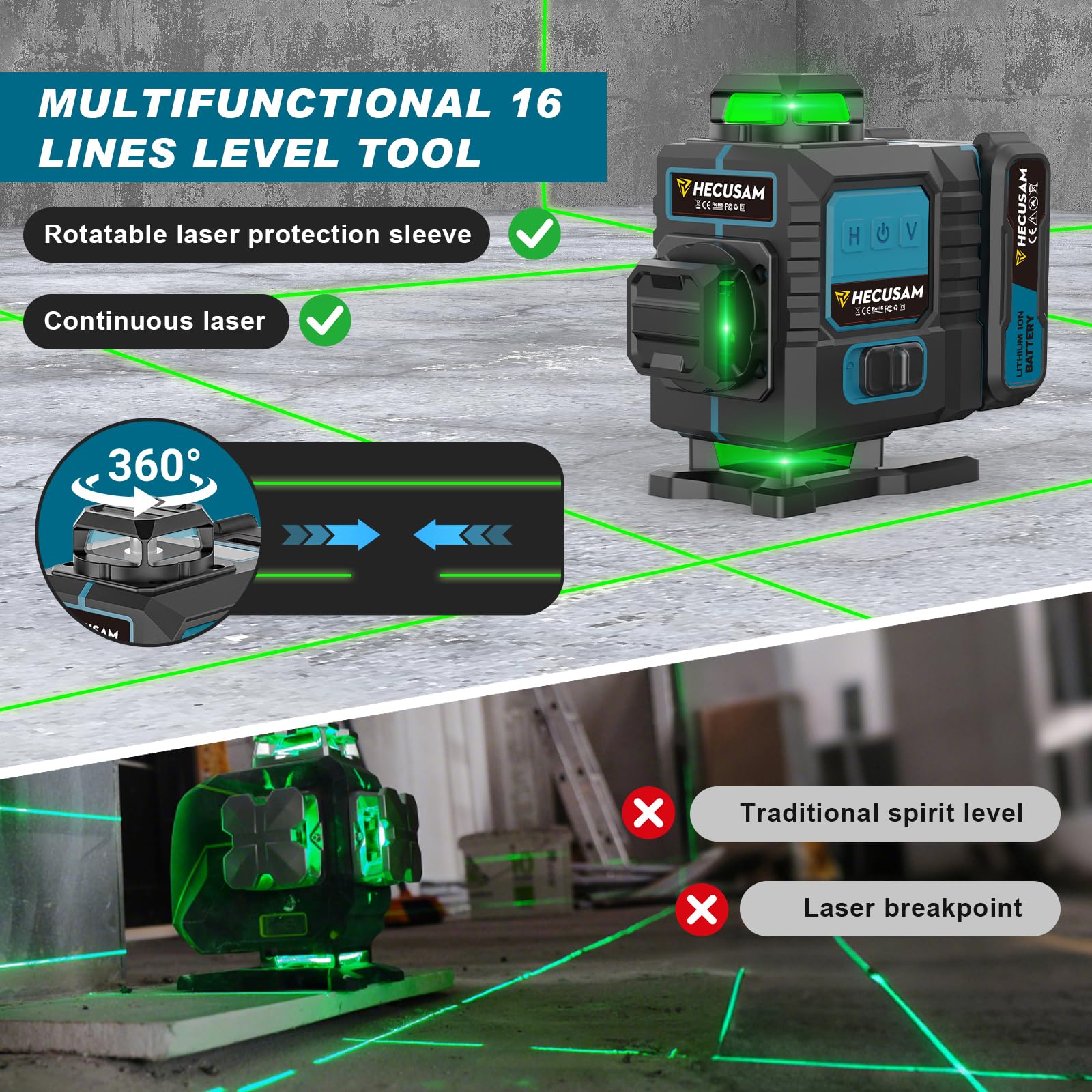 Kreuzlinienlaser mit Stativ, Hecusam LüCkenloser Linienlaser mit 360°-Rotationsfenster, 4 x 360° Laser Level IP54 Wasserwaage, 2 * 4800mAh Akku für Verlegung Bodenfliesen Kreuzlinienlaser Grün kit