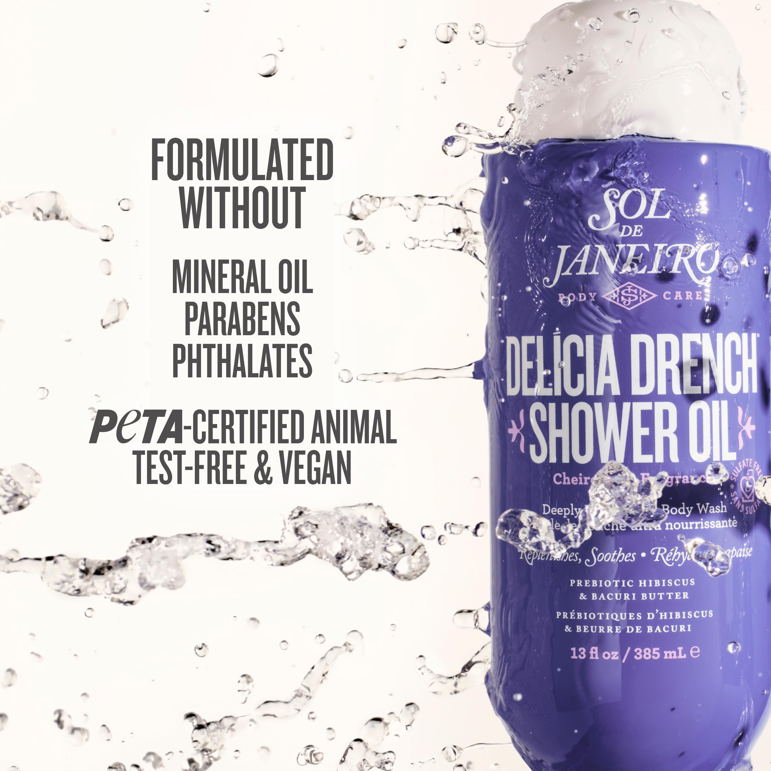 Sol de Janeiro Delícia Drench - Aceite de ducha, aroma amaderado, hidratante, para todo tipo de piel, cuidado personal, 385 ml