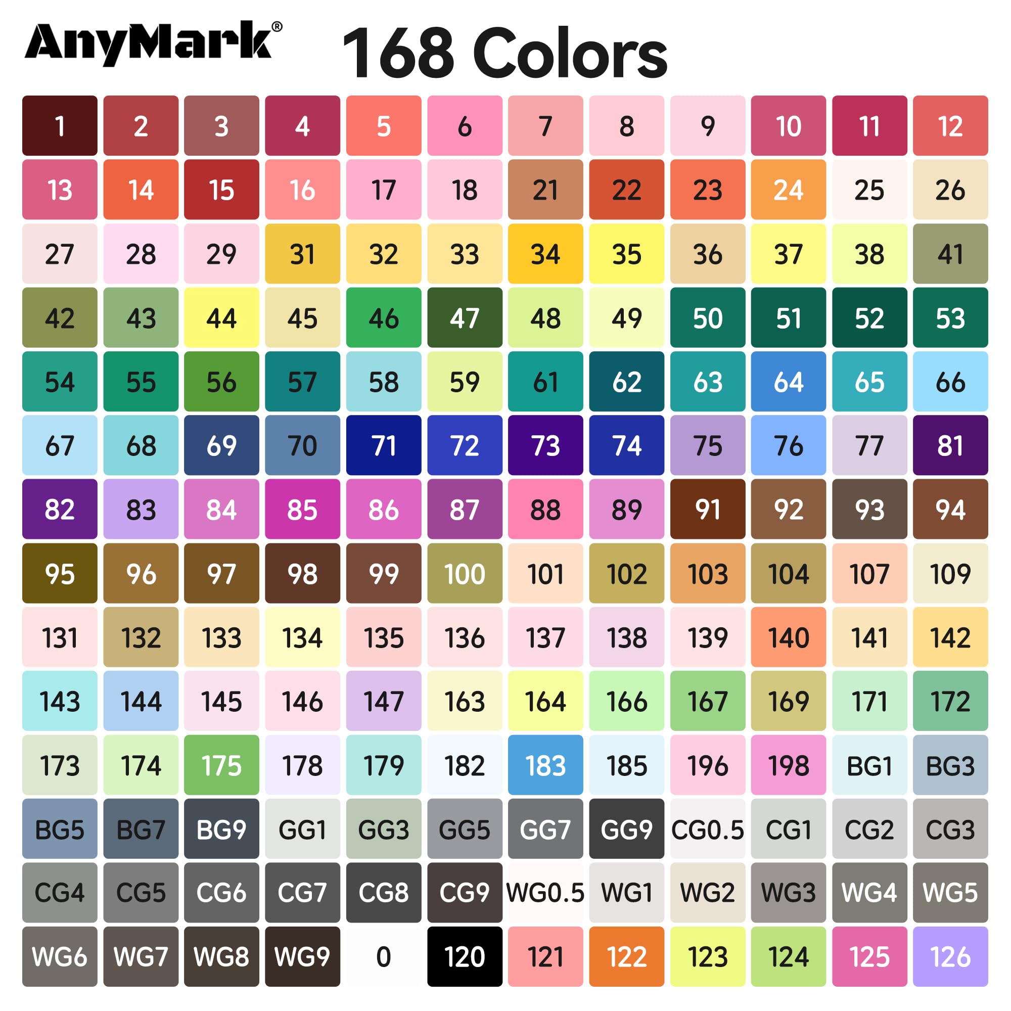 AnyMark Feutres a Alcool 168 Couleurs Double Pointe Biseautée et Fine
