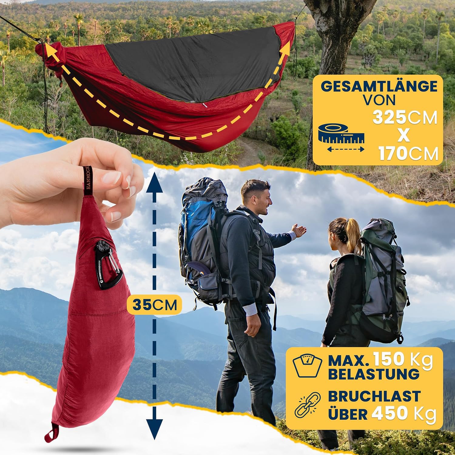 Fallschirmhängematte Pro - Bordeaux Rot | Hängematte Outdoor mit 325 x 170 cm mit integriertem Moskitonetz, Karabinern und Ridgeline für schnellen Aufbau | Original Ticket to the Moon seit 1996