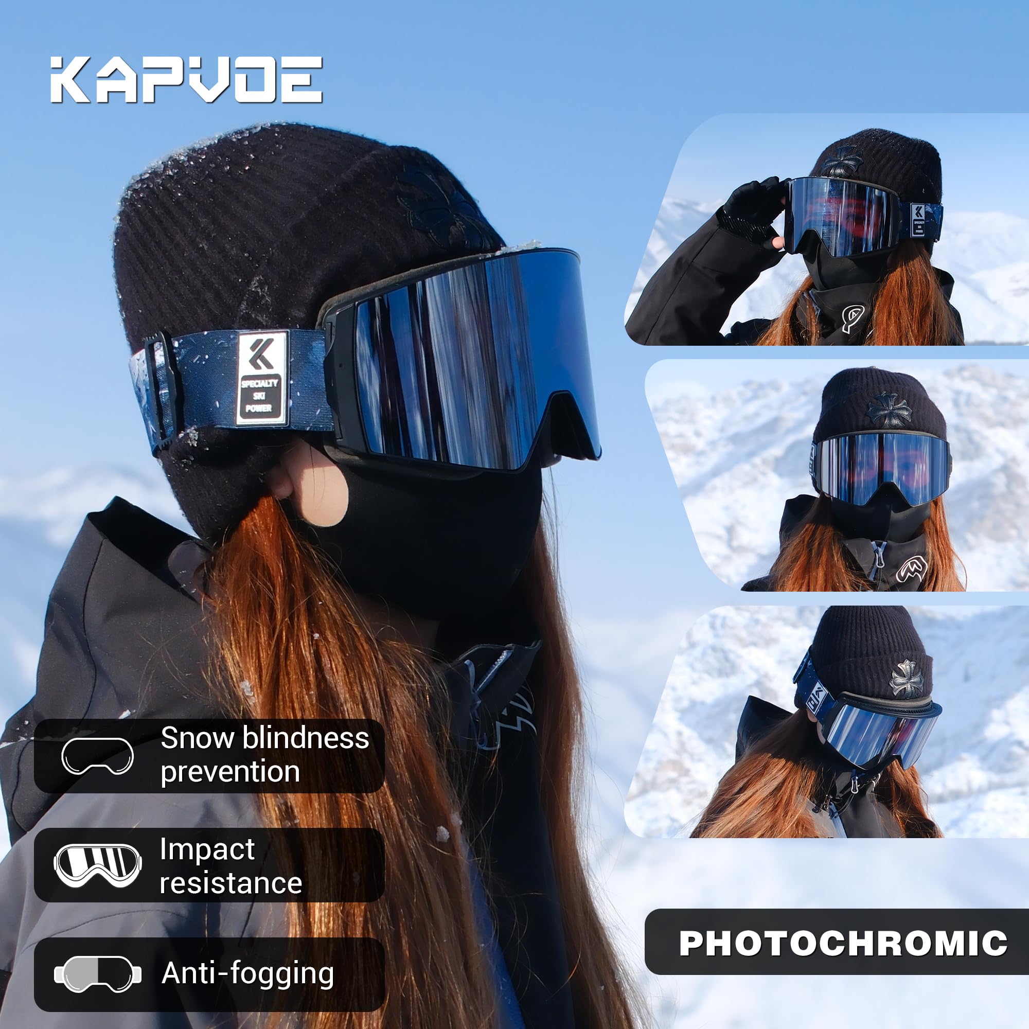 KAPVOE Maschera Sci con Lenti Fotocromatiche & Colorate - Antinebbia UV400 Lenti Magnetiche OTG - Unisex per Uomo Donna e Giovani K721