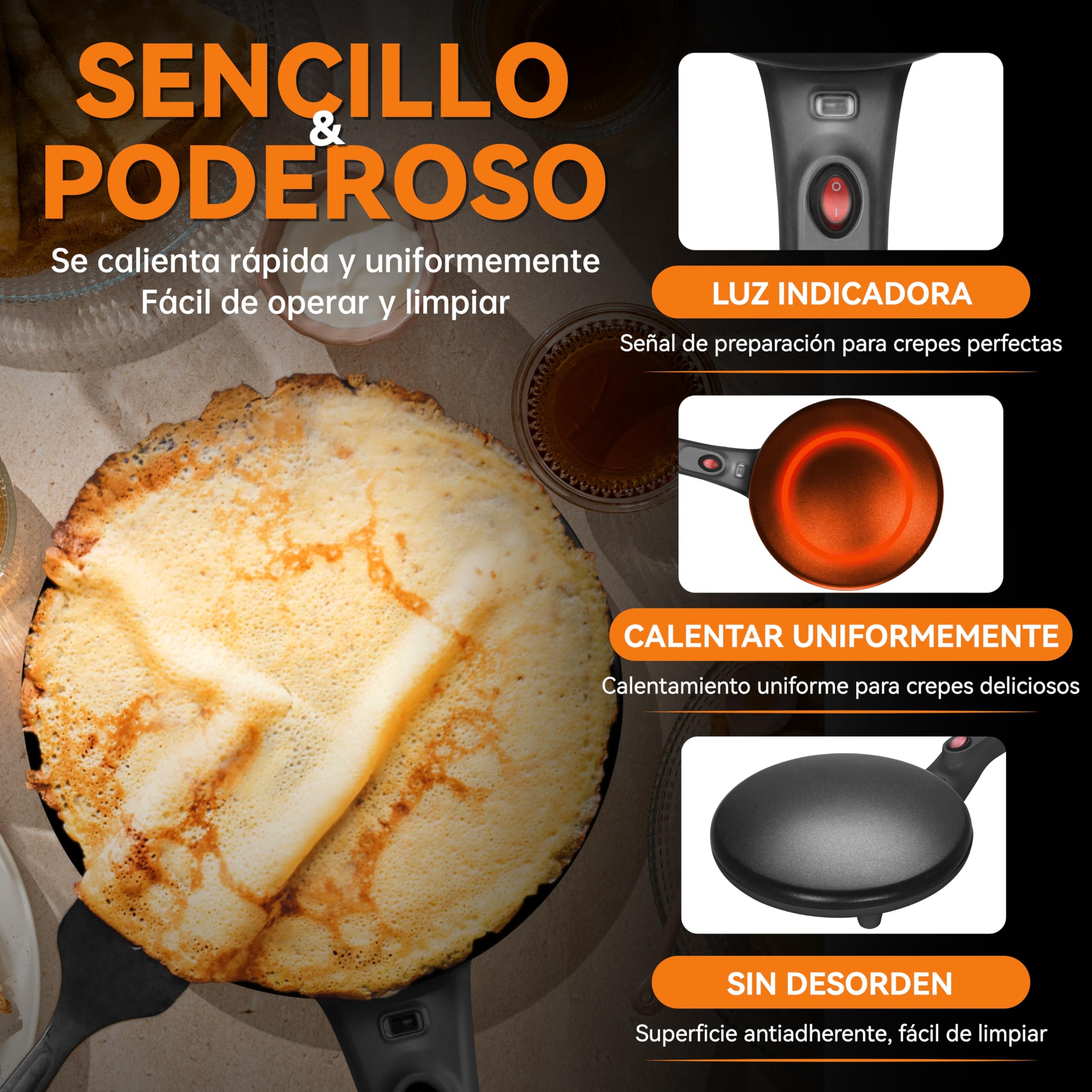 Baker's Friend Máquina Instantánea para Hacer Crepes, Sartén para Crepes con Mango a Prueba de Quemaduras, Superficie de Cocción Antiadherente de 20 cm, Control Automático de Temperatura, Grafito