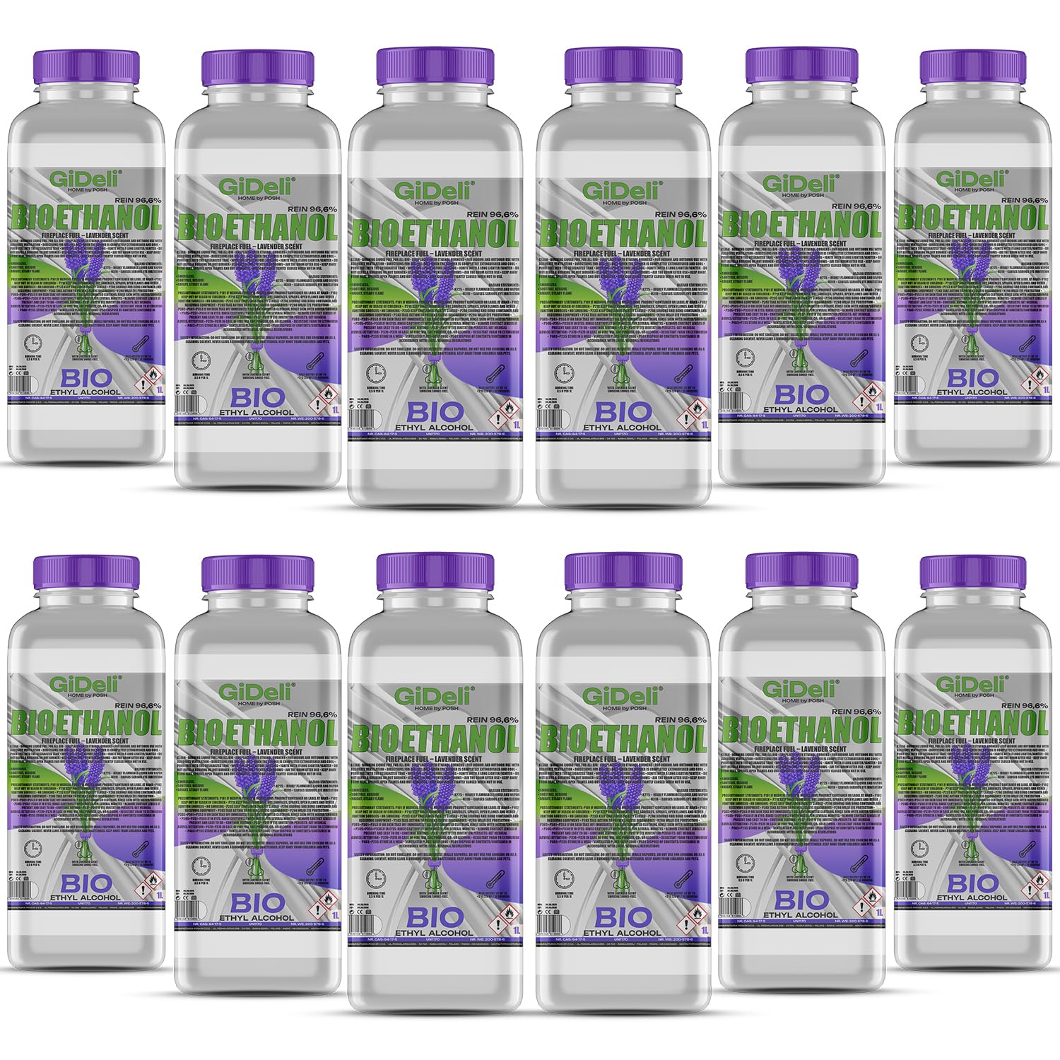 GiDeli Bioetanolo 12 x 1 l profumo di lavanda 96,6% etanolo per camini interni ed esterni, senza fumo e fuliggine, da mais e barbabietola da zucchero