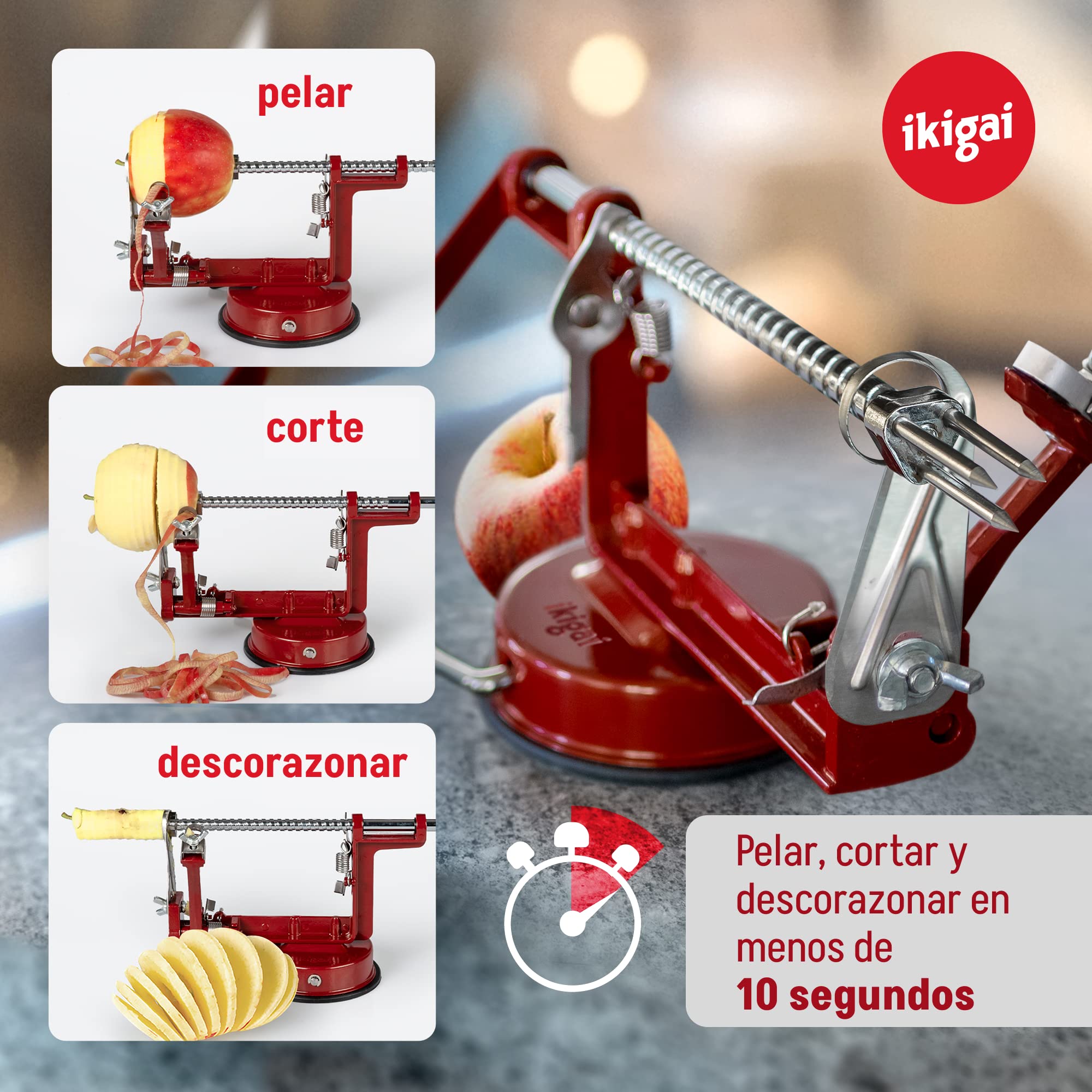 Pelador de Manzanas Ikigai - Pelamanzanas con Base de Succión - Pelar de Frutas en Espiral - Pela Manzana - Descorazonador Patatas -Incluye 3 Cuchillas de Repuesto