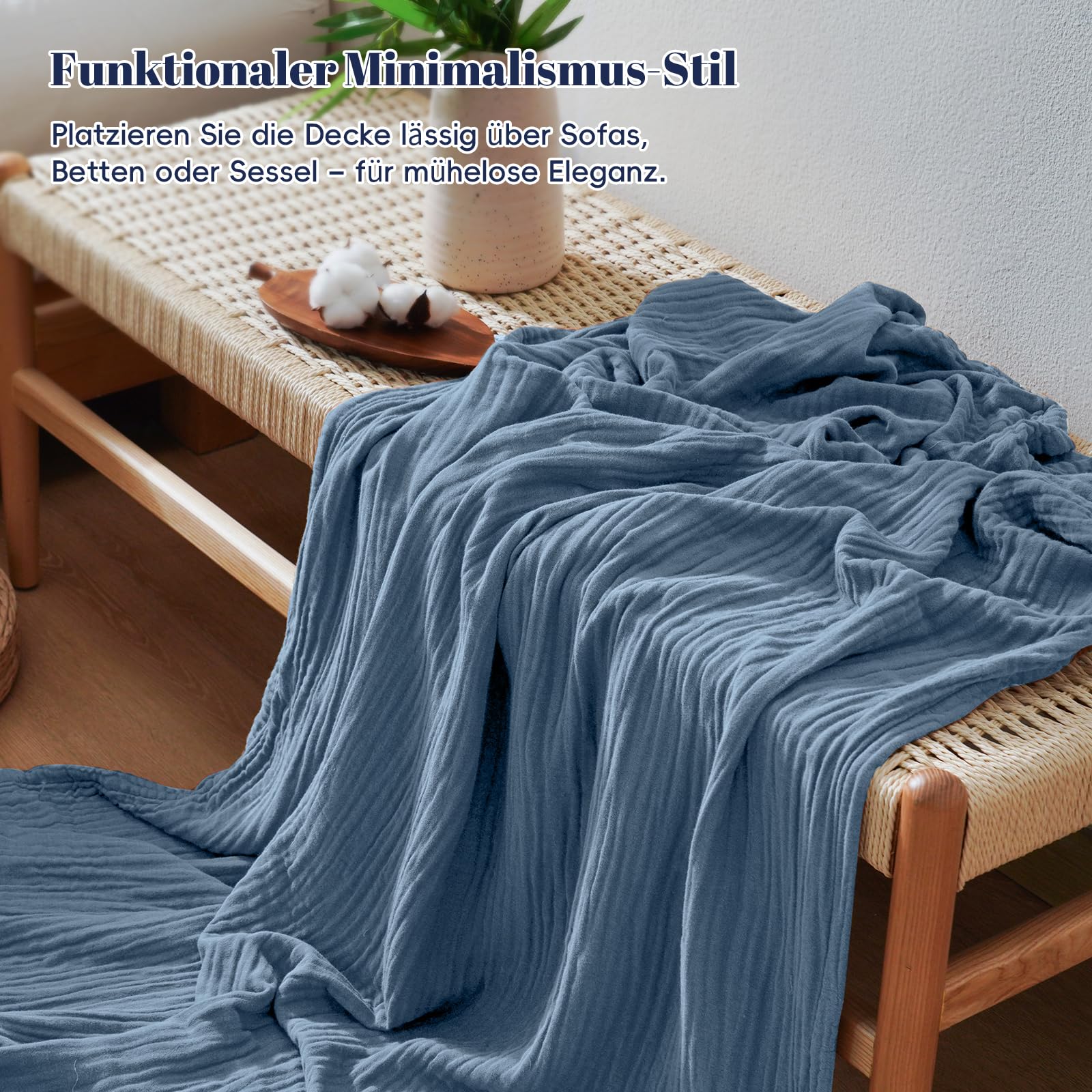 PHF Kühlende Musselindecke 220x240cm, leichte und atmungsaktive Sommerdecke, 4-lagige weiche Baumwolldecke aus 40% Baumwolle und 60% Bambus-Viskose, ideal für warme Schläfer, Preußisch Blau
