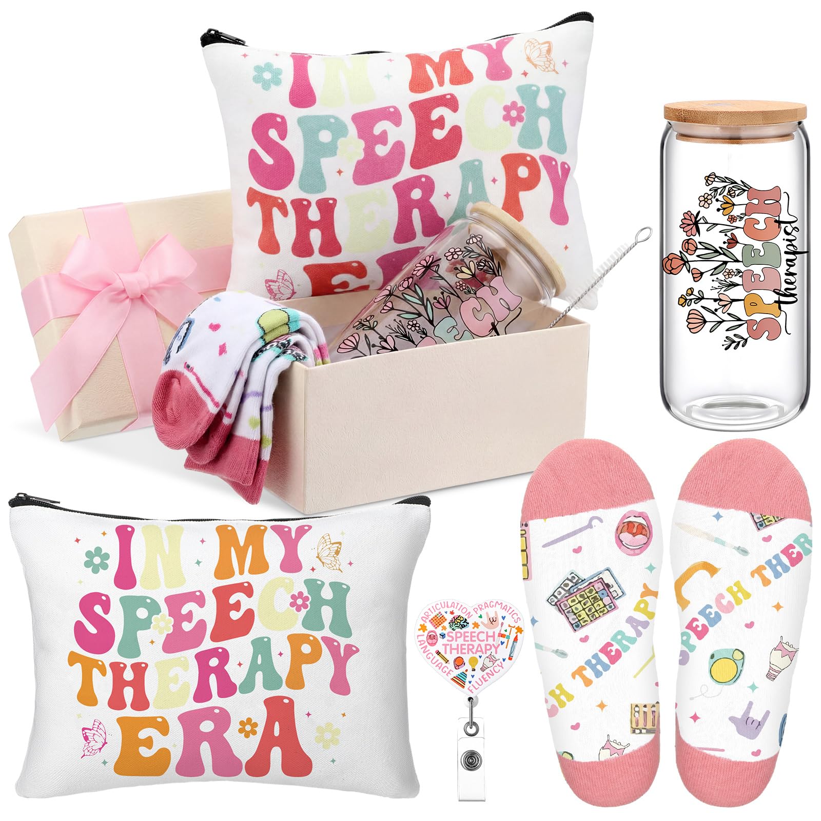 Photo 1 of Skylety 5 Pcs National Speech Language Pathologist Gifts for Women 16oz Glass Cup Socks Cosmetic Bag Badge Reel Thank You SLP Appreciation Gift Box for Speech Therapist Language Pathologist
