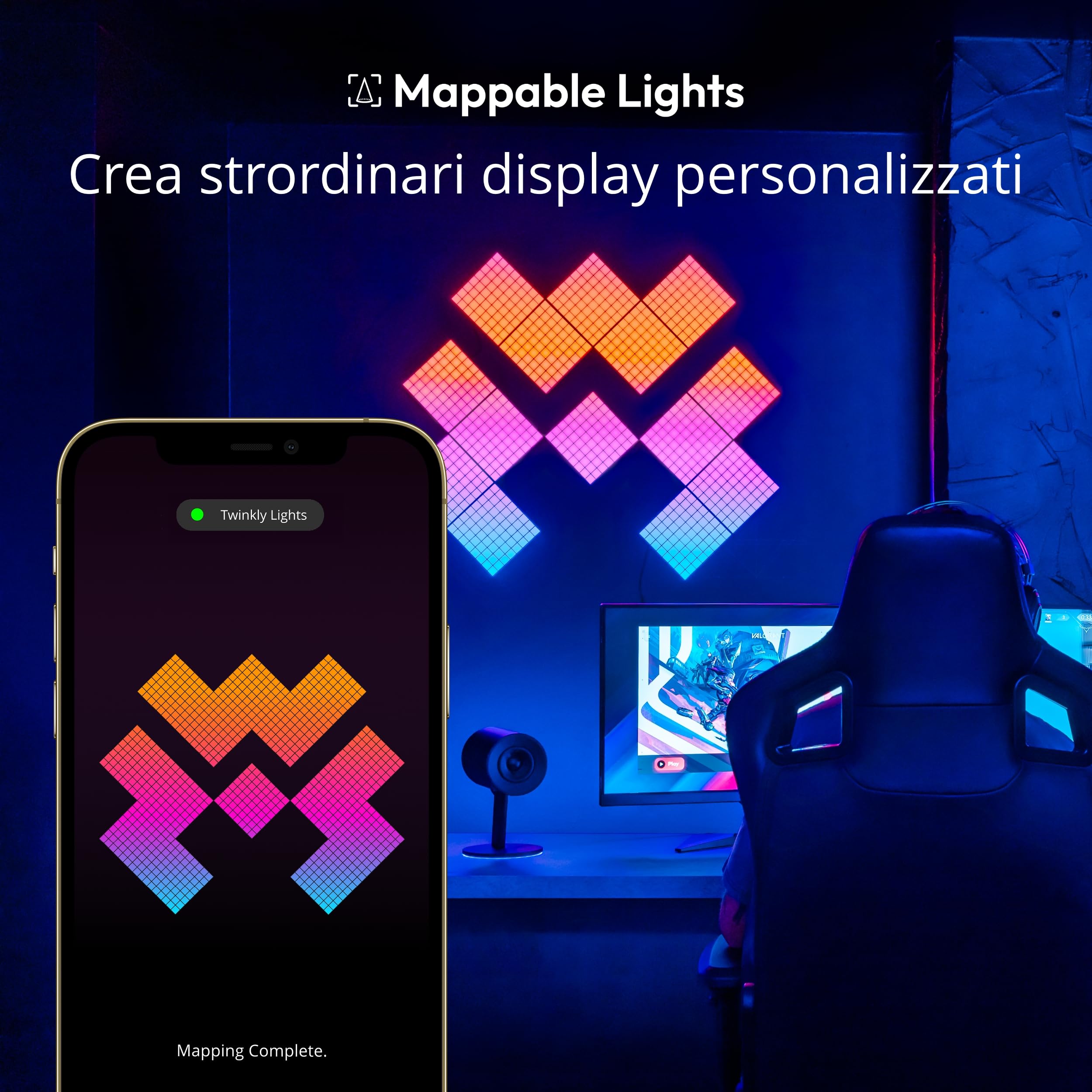 Twinkly Squares Starter Kit, Kit di Pannelli LED RGB, Incluso 1 Pannello Principale e 5 Pannelli di Estensione, Compatibile con HomeKit, Alexa e Google Home, Luci Gaming e Streaming, 16M+ di Colori