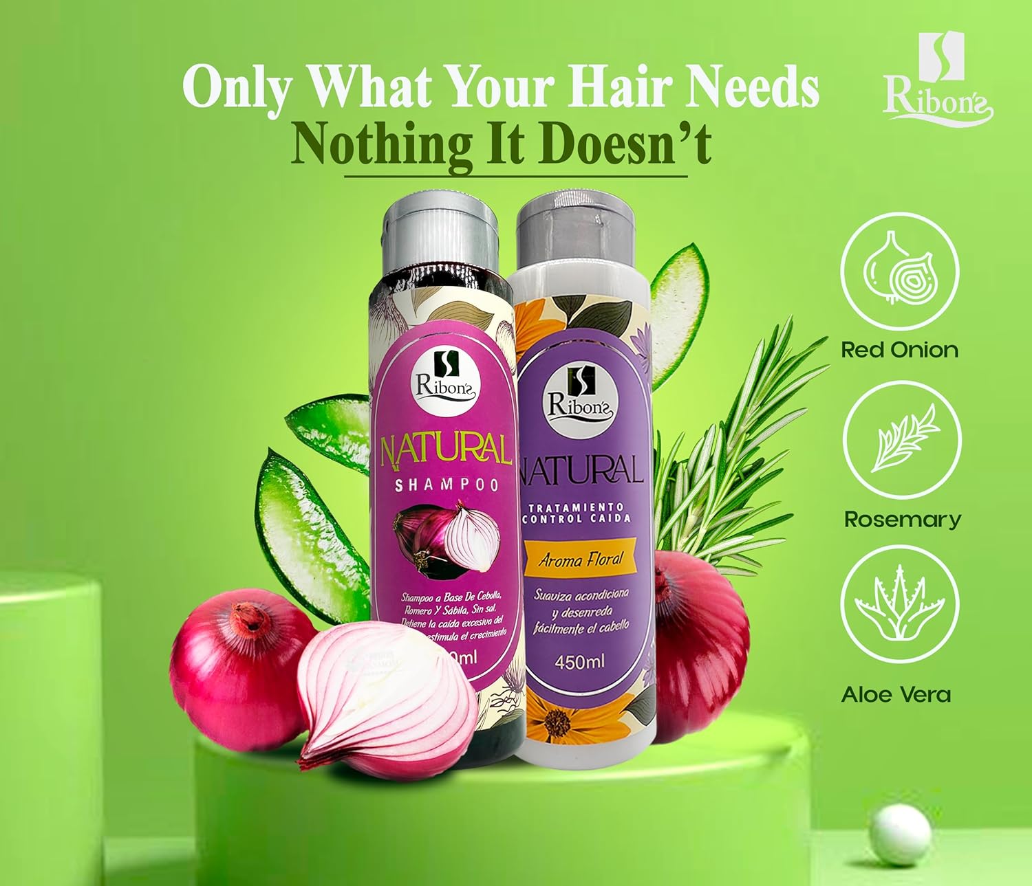 Ribon's Natural Shampoo and Conditioner Set Hair Growth – Anti-Hair Loss, Strengthening & Nourishing Formula with Onion, Rosemary & Aloe Vera – Floral Scent – 450ml Each - Image 3