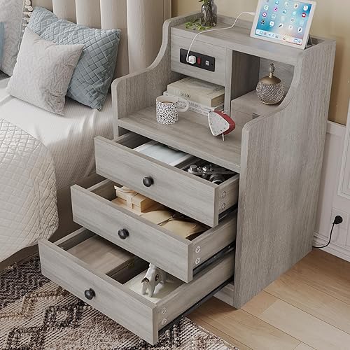 Miniatura 6 de Tiptiper Juego de 2 mesitas de noche grises con gabinete y estación de carga, mesita de noche con 3 cajones para dormitorios, juego de 2, mesa