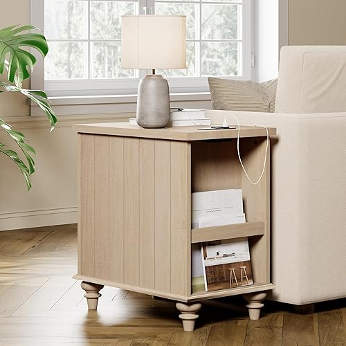 Miniatura 16 de WAMPAT Mesa auxiliar con estación de carga, mesa auxiliar de madera con cajón y armario de almacenamiento, mesa auxiliar moderna con tomas de