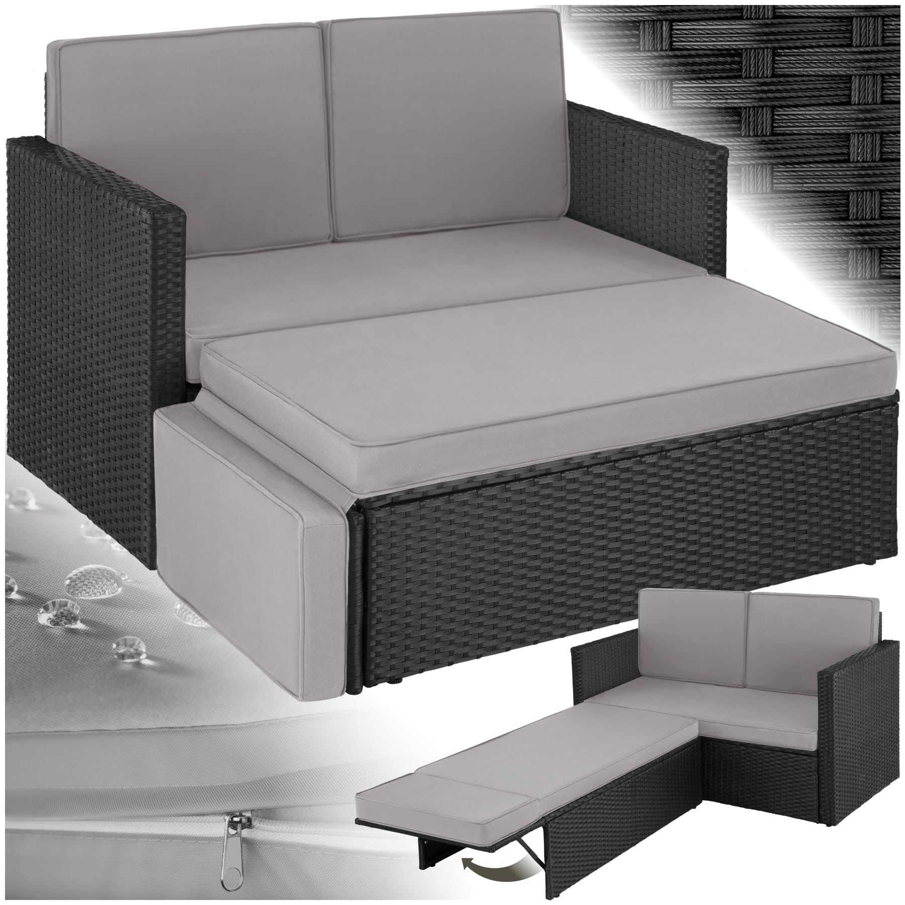 tectake® Rattan Garden Furniture Set - UV-Resistant 2 Seater Sofa & Stool with Steel Frame, Thick, Water-Repellent & Washable Cushions, Easy Setup - Outdoor Furniture for Garden & Patio - Black/Grey