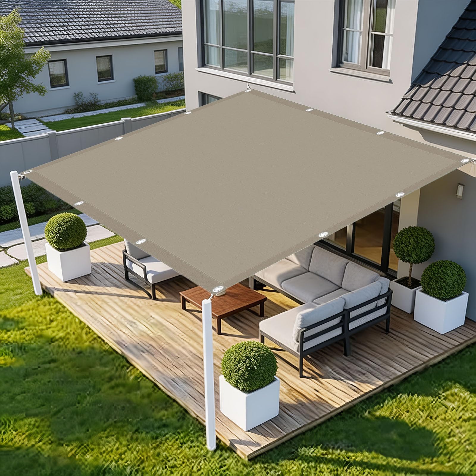 Vela Ombreggiante Impermeabile 220 x 600 cm Protezione Raggi UV 98% Impermeabile Poliestere Antistrappo Robusto e Stabile Vela Ombreggiante per Esterno per Giardino, Cachi