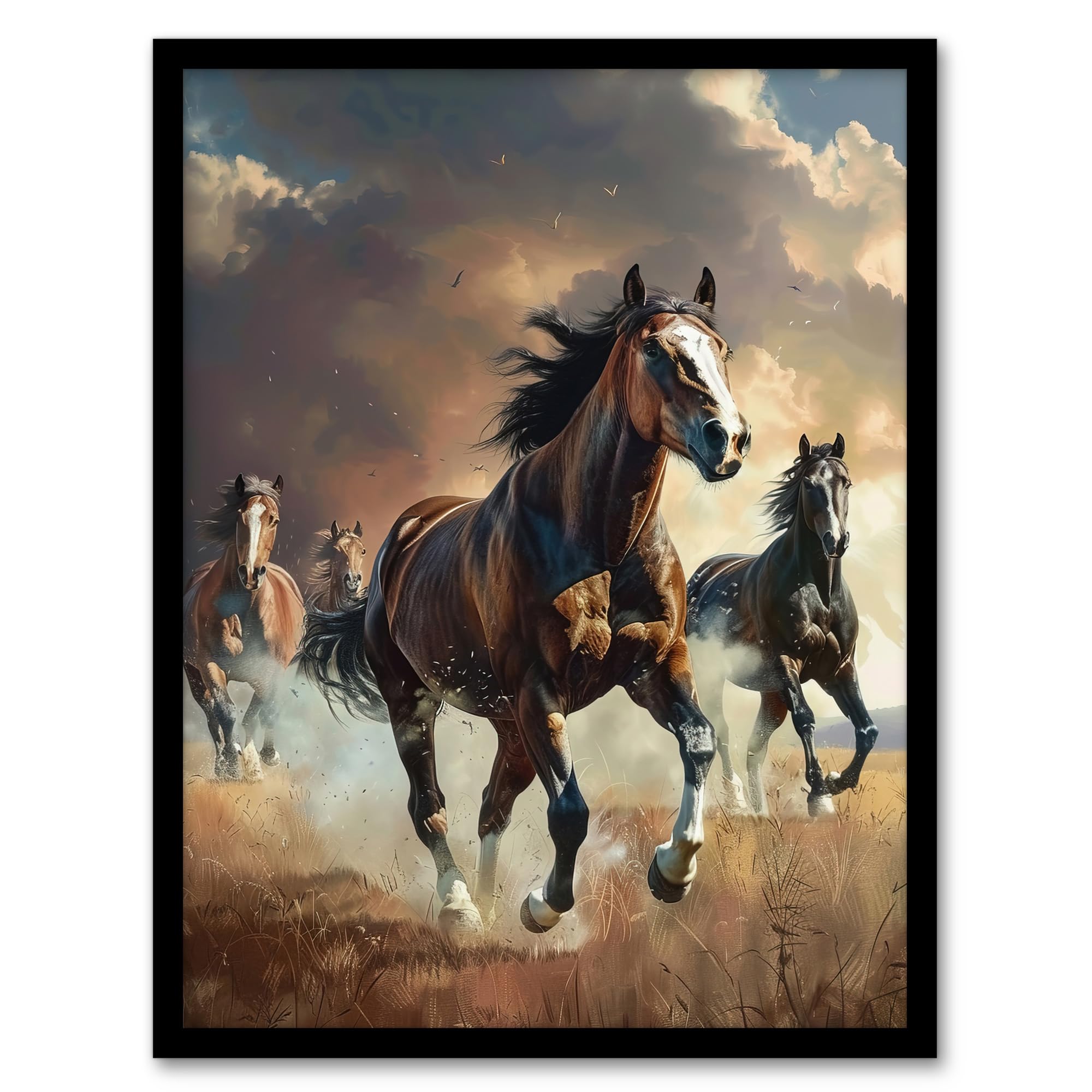 Artery8 Framed Art Print - Wild Horses Galloping Atmospheric Sunset - Brown - A4