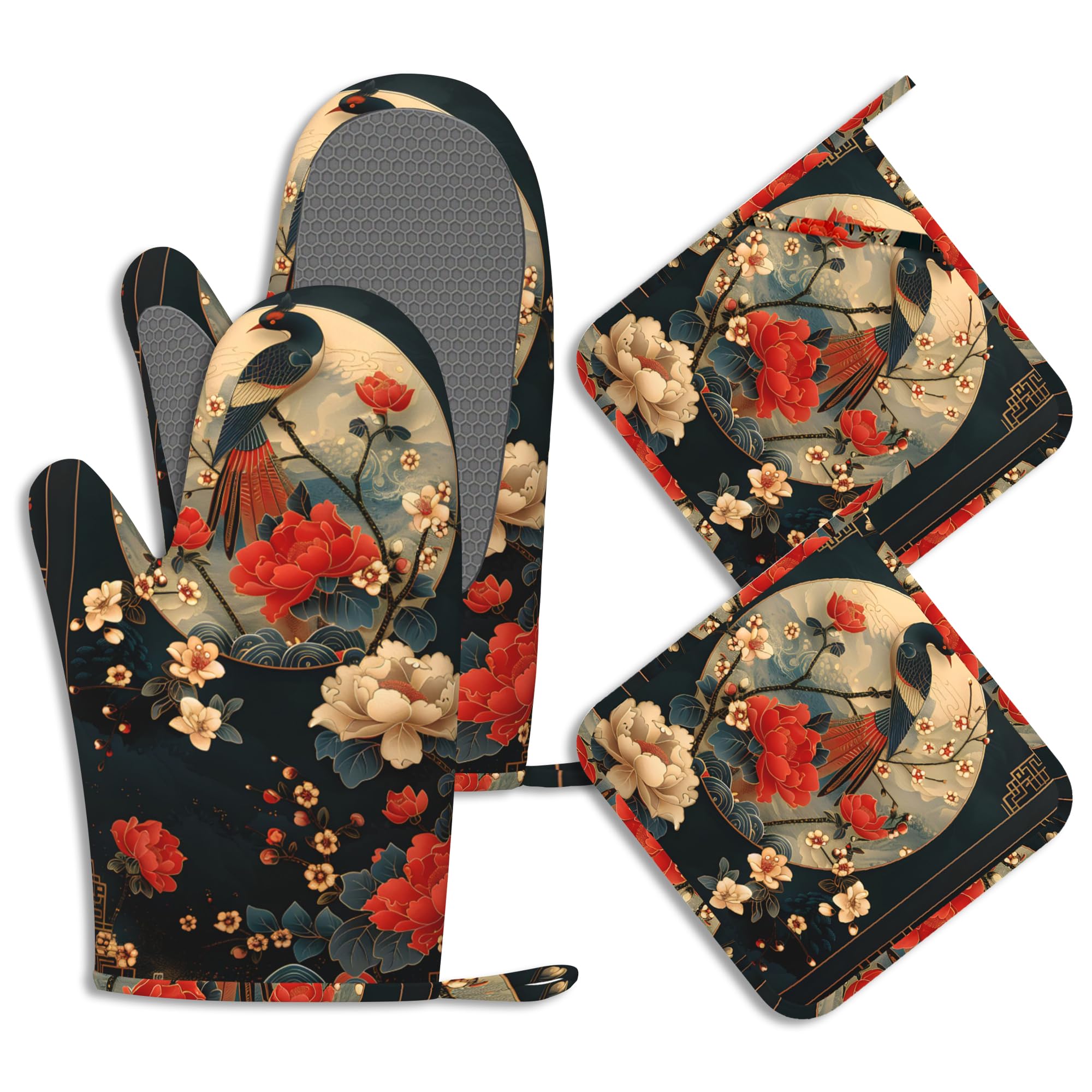 Lot de 4 maniques et maniques en silicone motif grue japonaise rétro - Accessoires de cuisine - Résistants à la chaleur - Antidérapants - Pour chef cuisinier - Cadeaux pour homme et femme