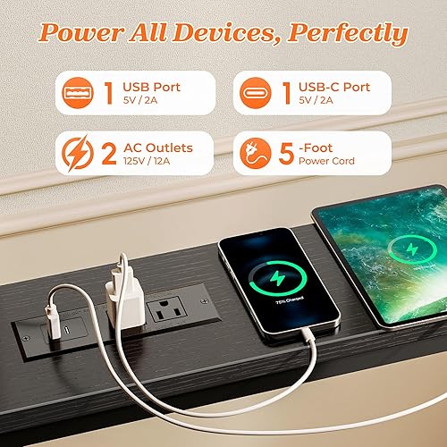 Miniatura 5 de SUPERJARE Mesa de sofá de 79 pulgadas con 2 tomas de corriente y puertos USB-C, mesa consola estrecha de 5.9 pulgadas con almacenamiento, mesa larga