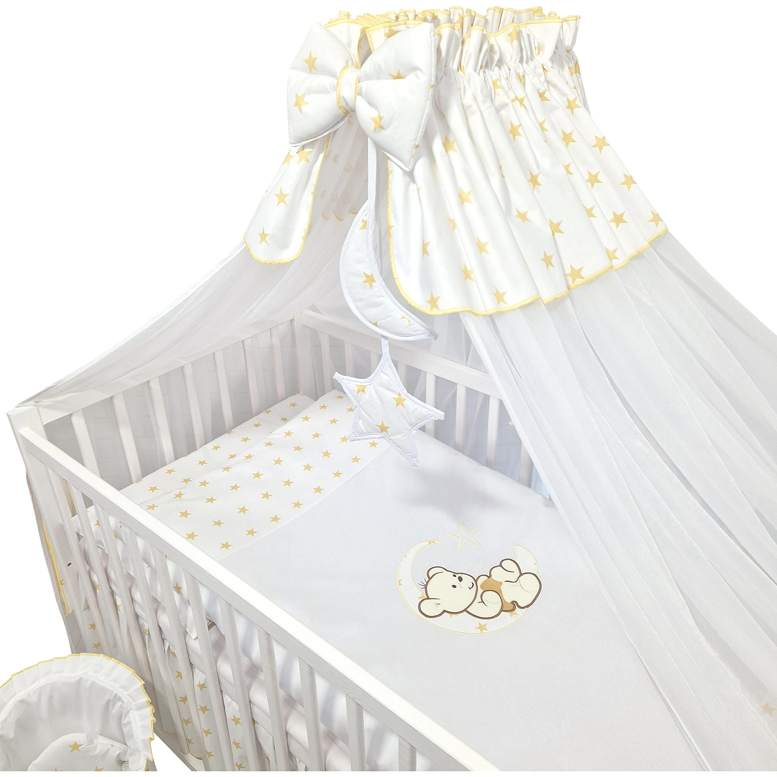 Juego Completo de 16 Piezas de Cuna y Ropa de Cama Happy Leo Incl. colchón Regulable en Altura para recién Nacidos y niños pequeños de Madera Maciza (Osito Luna Estrellas Doradas)