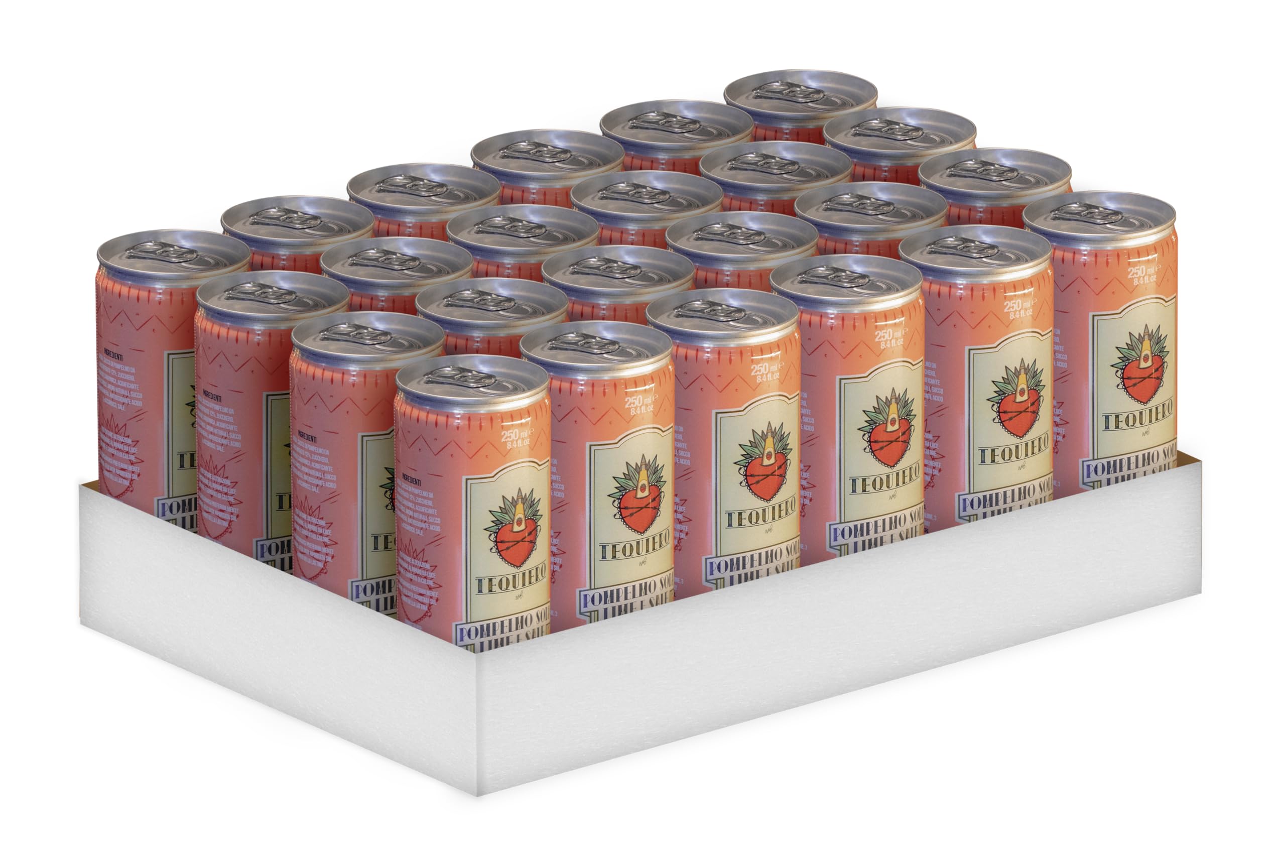 Tequiero Soda Pompelmo, Lime e Sale. Tequiero Paloma Premix. Bevanda agrumata con pompelmo rosa. Analcolico. Note fresche e floreali. Lattina da 250ml - Pack da 24 lattine.