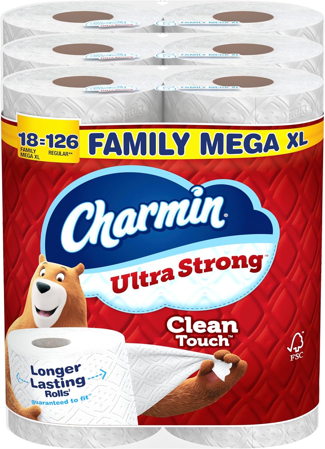Charmin Toilet Paper Ultra Strong Clean Touch, 18 Family Mega XL Rolls = 126 Regular Rolls Family Mega XL 385 sheet (pack of 18)