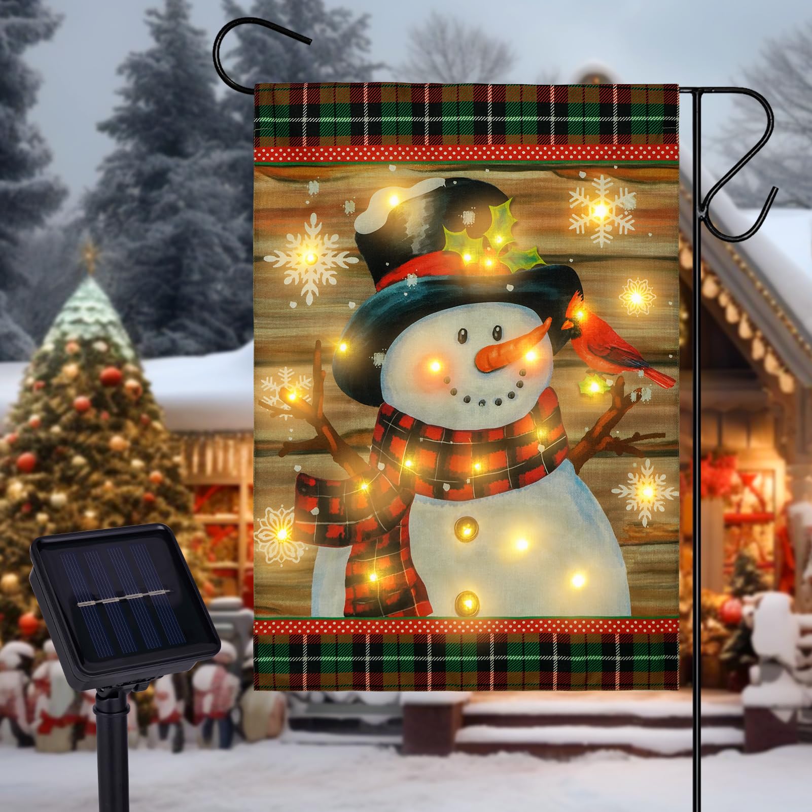 Buffalo Plaid Burlap Lighted Winter Garden Flag - 28x40in Double Sided Christmas Snowman Flag with Solar LED Lights for Outdoor Decorations