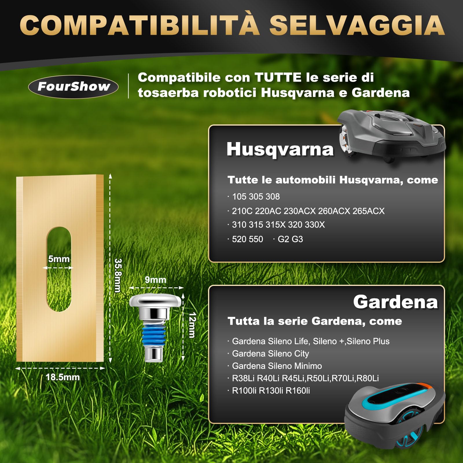 FourShow 36 Lame di Ricambio Endurance compatibili con Tutti i Robot da Giardino Husqvarna, Lame Resistenti in Titanio, Inclusi Viti con Rivestimento di Sicurezza