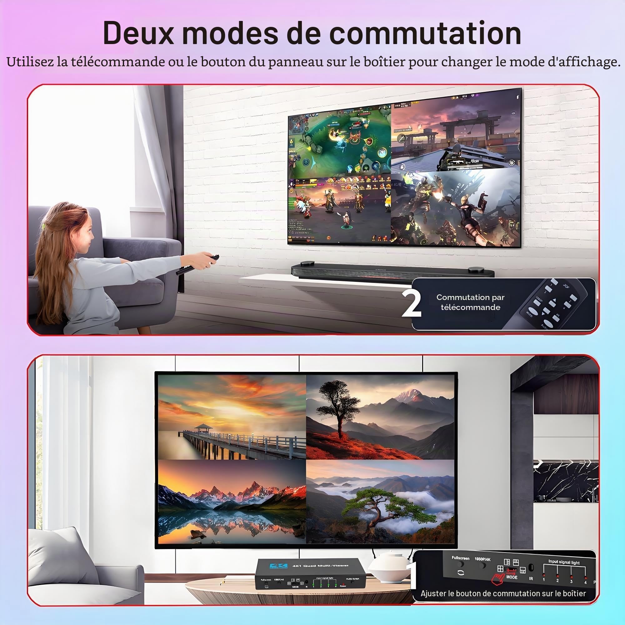 HDMI Multi-Viewer 4X1, Commutateur Transparent 4 en 1 Sortie, Commutateur Quad Multi Viewer avec télécommande IR, Prend en charge 4K@30Hz, 1080P@60Hz, 5 modes d’affichage pour caméra, consoles de jeux