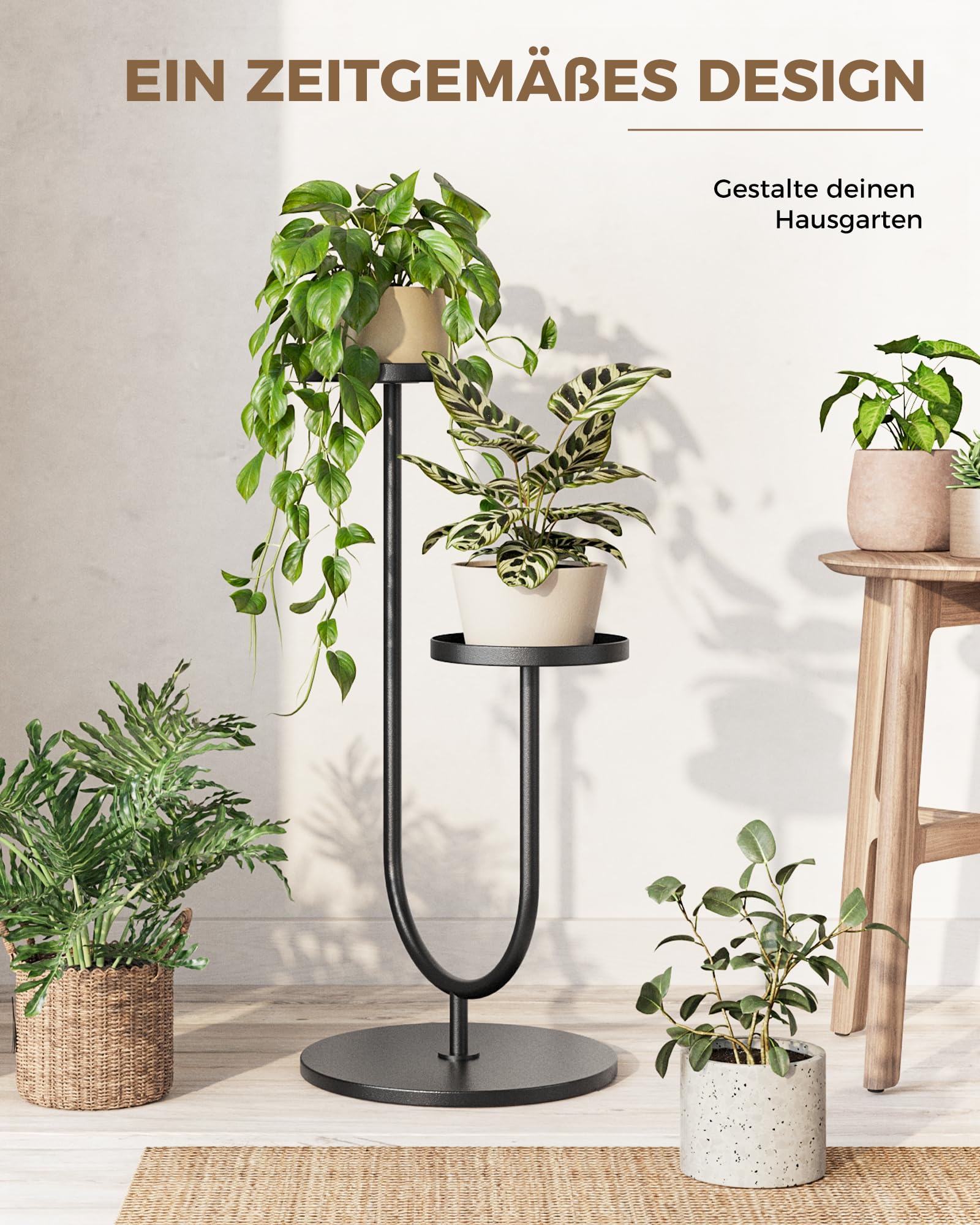 Bamworld Blumenständer Metall Schwarz, Pflanzenständer Indoor Outdoor, Modernes 2-stufiges Pflanzenregal, Stabiler Blumentopfhalter für Wohnzimmer, Balkon, Garten