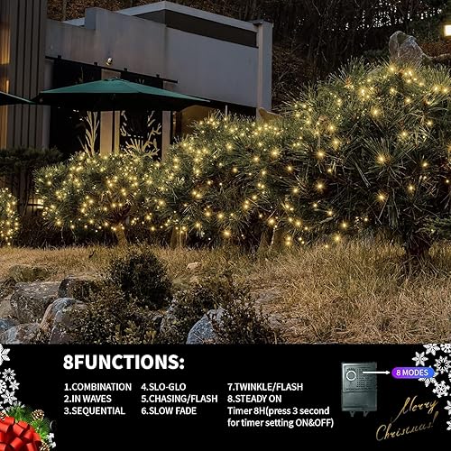 Miniatura 10 de LAMPHOME Tira de 500 luces LED de Navidad para exteriores, extensibles, decoración navideña, luces enchufables con 10 funciones y temporizador,