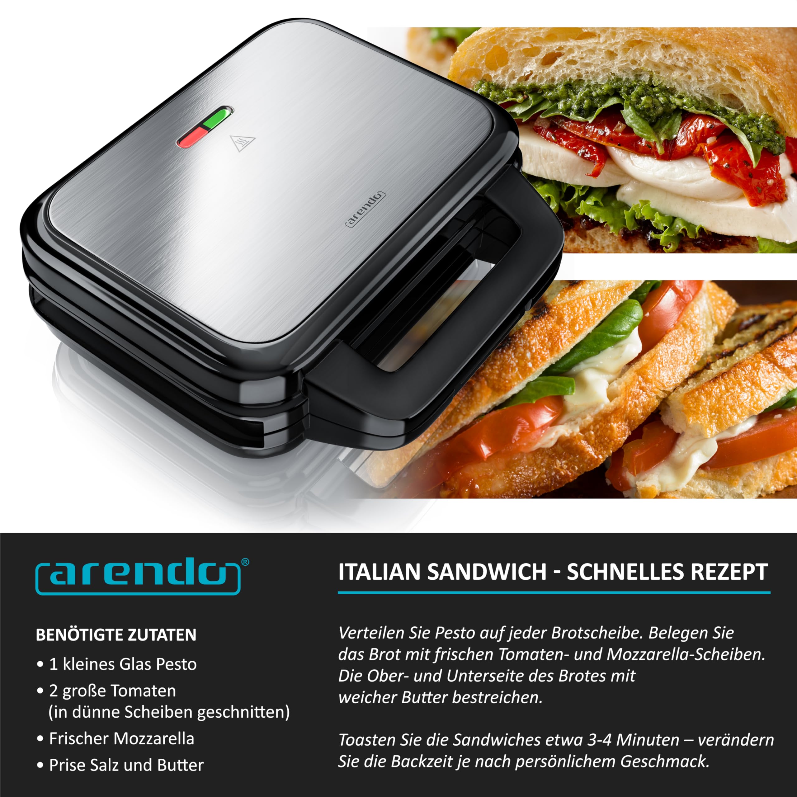 Arendo - Sandwichmaker mit Antihaftbeschichtung - abnehmbare Platten - BPA frei - Temperaturkontrolle – Sandwich Maker - Sandwichtoaster für große Toasts - spülmaschinengeeignet