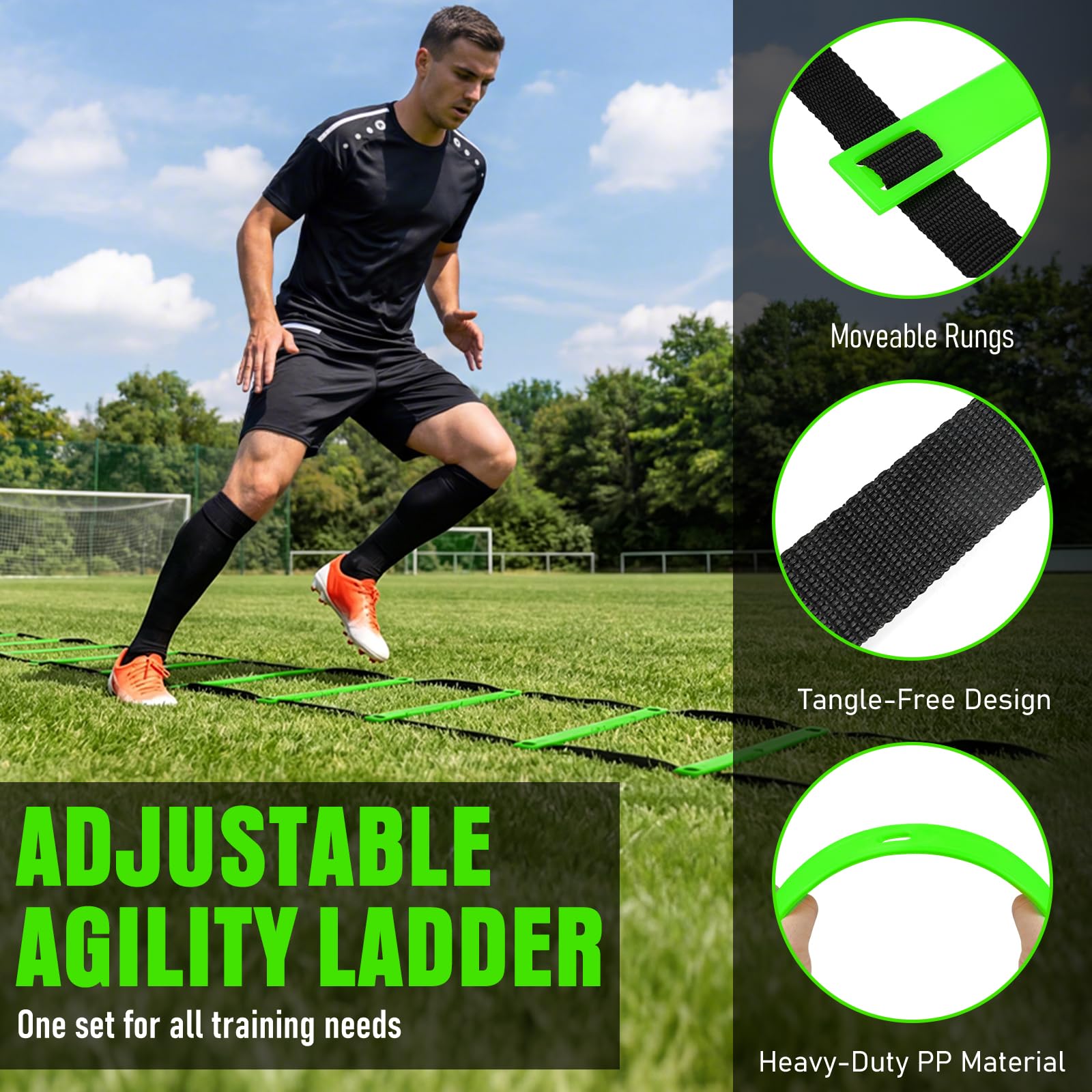 Escalera de agilidad, equipo de entrenamiento de fútbol, escalera de velocidad de 20 pies, 4 obstáculos, paracaídas, 12 conos y cuerda de saltar, entrenamiento de agilidad y velocidad para niños