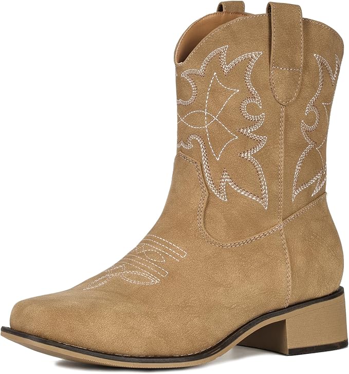 IUV Cowboy Boots for Women Square Toe Ankle Western Cowgirl Boots Classic Embroidered Booties, Honey Brown, 10 Wide