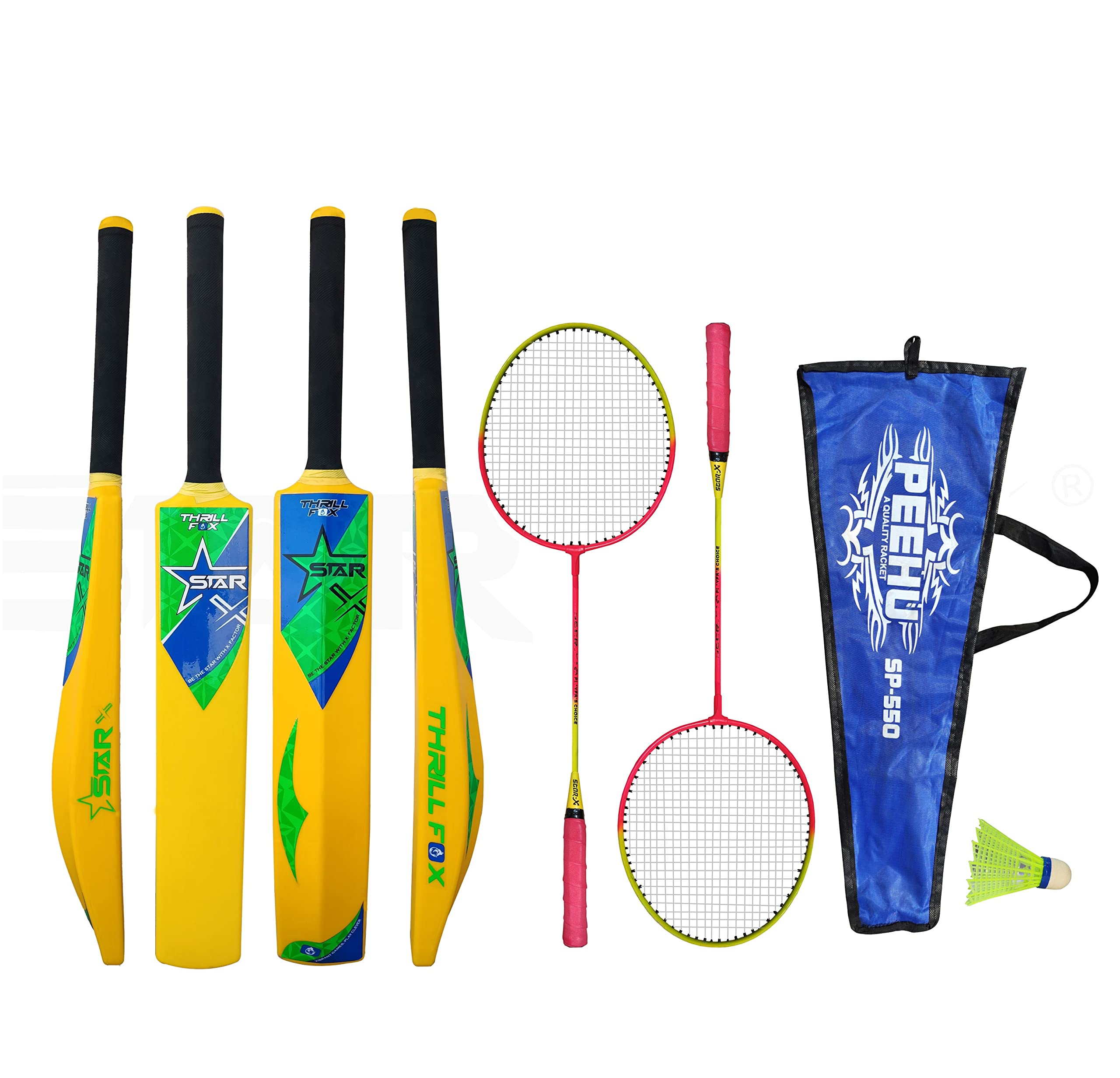 StarX Thrill Fox Plastic Bat Full Size, Plastic Bat for Tennis Ball PVC/Plastic Cricket Bat with Soft Grip Badminton Racket with Cover and Shuttle Cork-image-13
