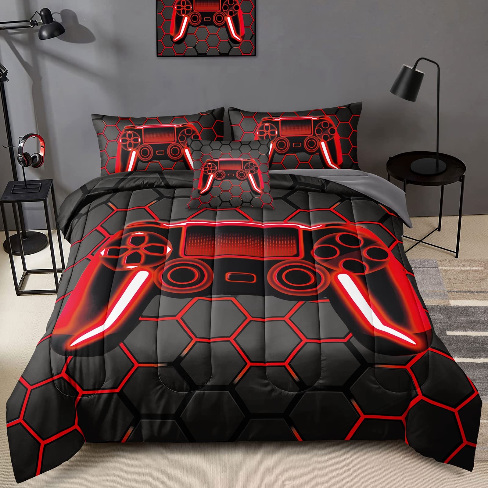 BDUCOK 5 Piece Gamer Comforter Sets Bed in A Bag for Boys Teen Kids,Honeycomb Gaming Bedding Sets Gamepad Comforter Microfiber Bed Set for All Season