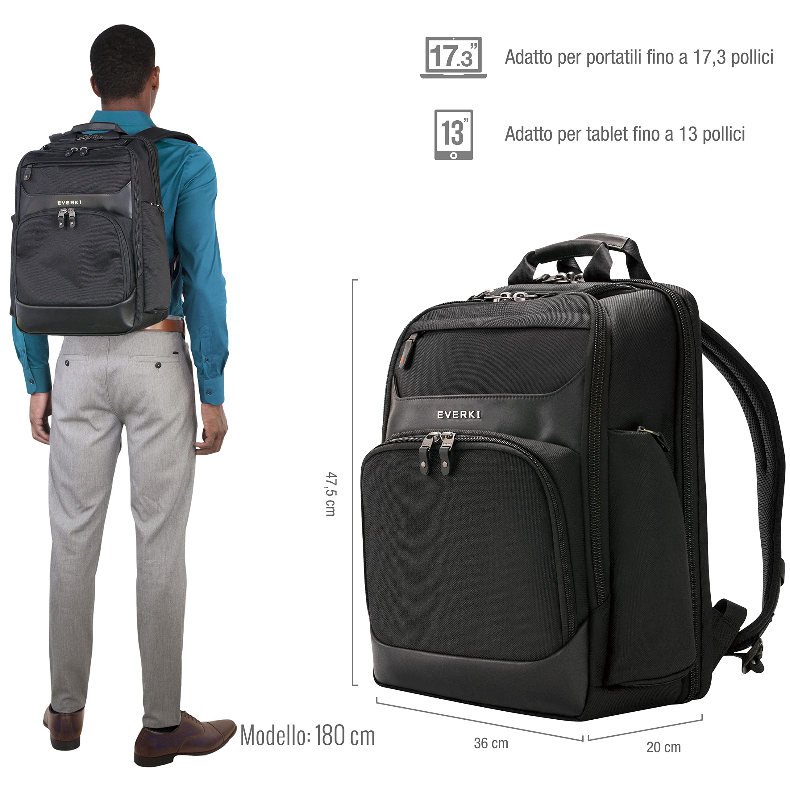 Everki Onyx 17 zaino laptop executive – nylon balistico e pelle, scomparto dedicato fino a 17,3", tasca per elettronica imbottita, 36 L – Nero (EKP132S17)