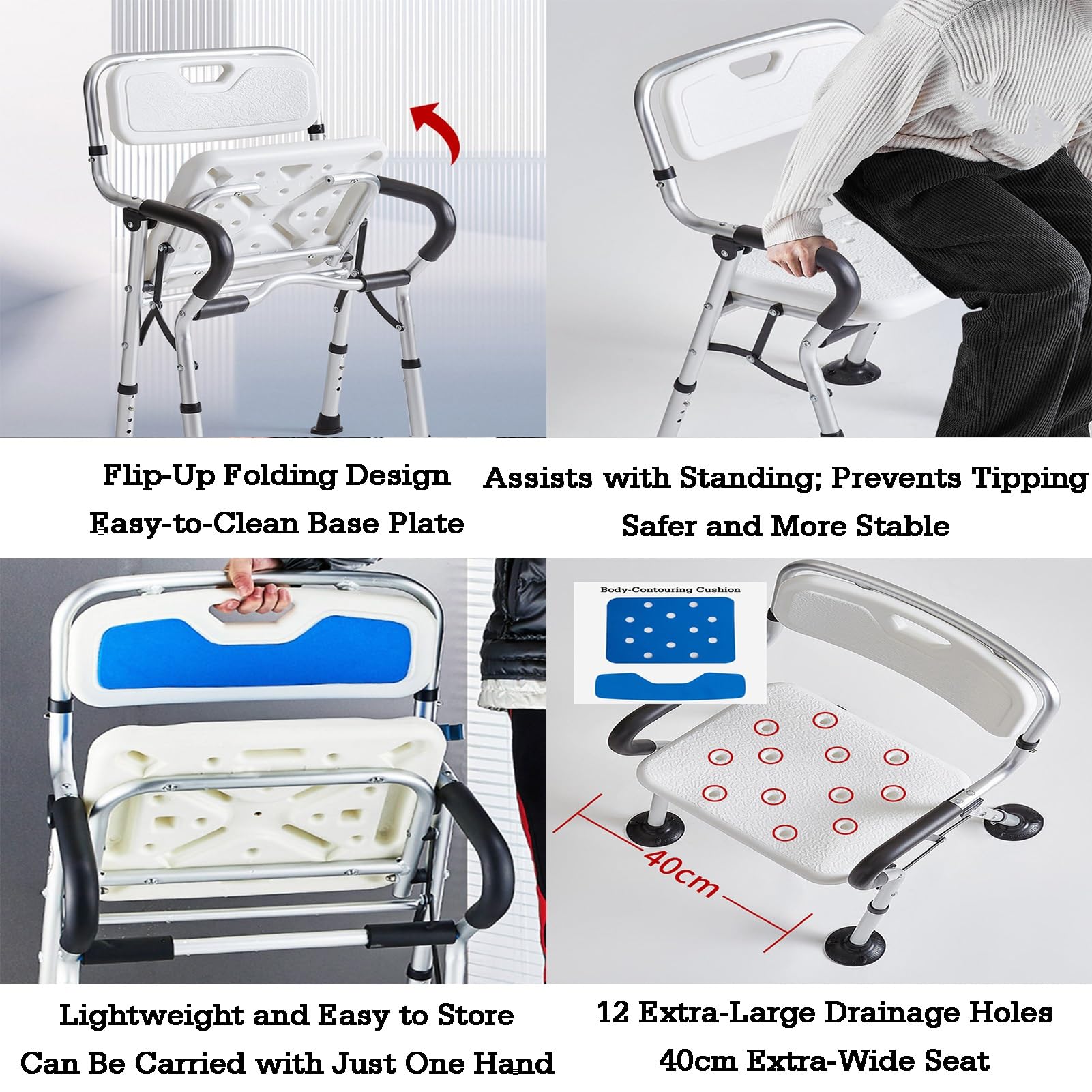 Silla de ducha acolchada y regulable en altura, asiento ergonómico para bañera con respaldo y reposabrazos, capacidad de carga de hasta 200 kg, para personas mayores (versión 1)