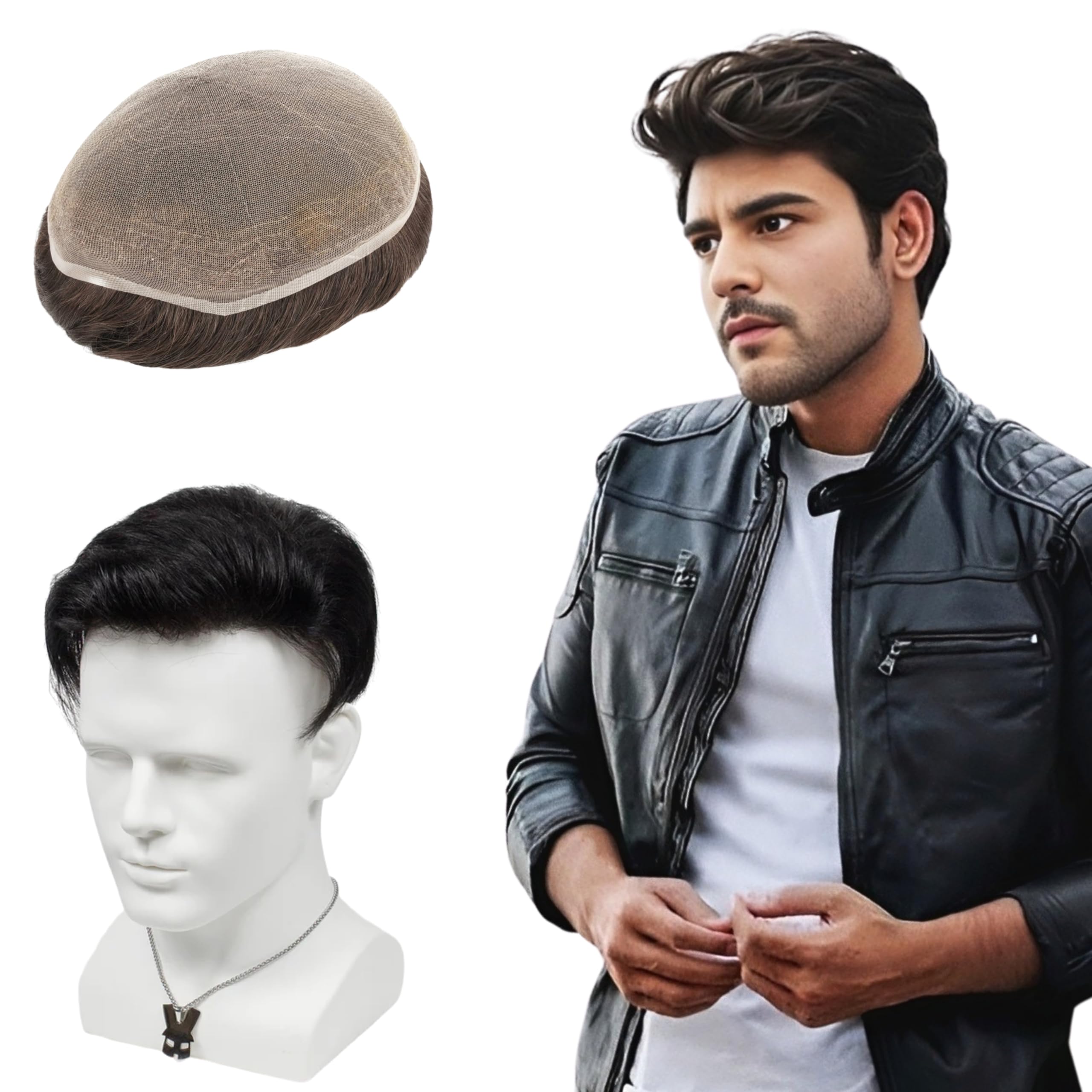 HAIR4ALL Men's Full Lace Hair Patch| Ultra Breathable Base| No Itching, No Shedding| Sweat Tolerant| Realistic Front Hairline| Can Be Colored & Highlighted| Original Human Hair Wig, Toupee| Black Brown,10*8 Inch-image-47