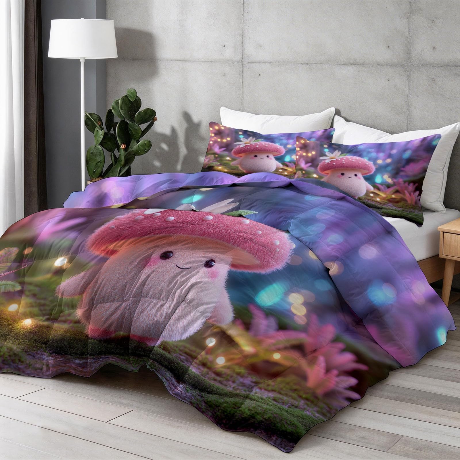 Genérico Kołdra Łóżko 135 x 200 cm, Fantasy Las Grzyby Różowy Nadruk 200g/m² - Dwustronna narzuta bez pokrowca na każdą porę roku, miękkie i oddychające wypełnienie
