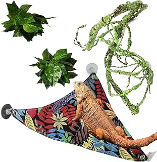 Hamiledyi Bearded Dragon Cloth Hammock, Leopard Gecko Hammock, Lizards Hammock with Suction Cup Hooks, Reptile Tank Accessories Flexible Fake Jungle Plants for Gecko Snake Chameleon