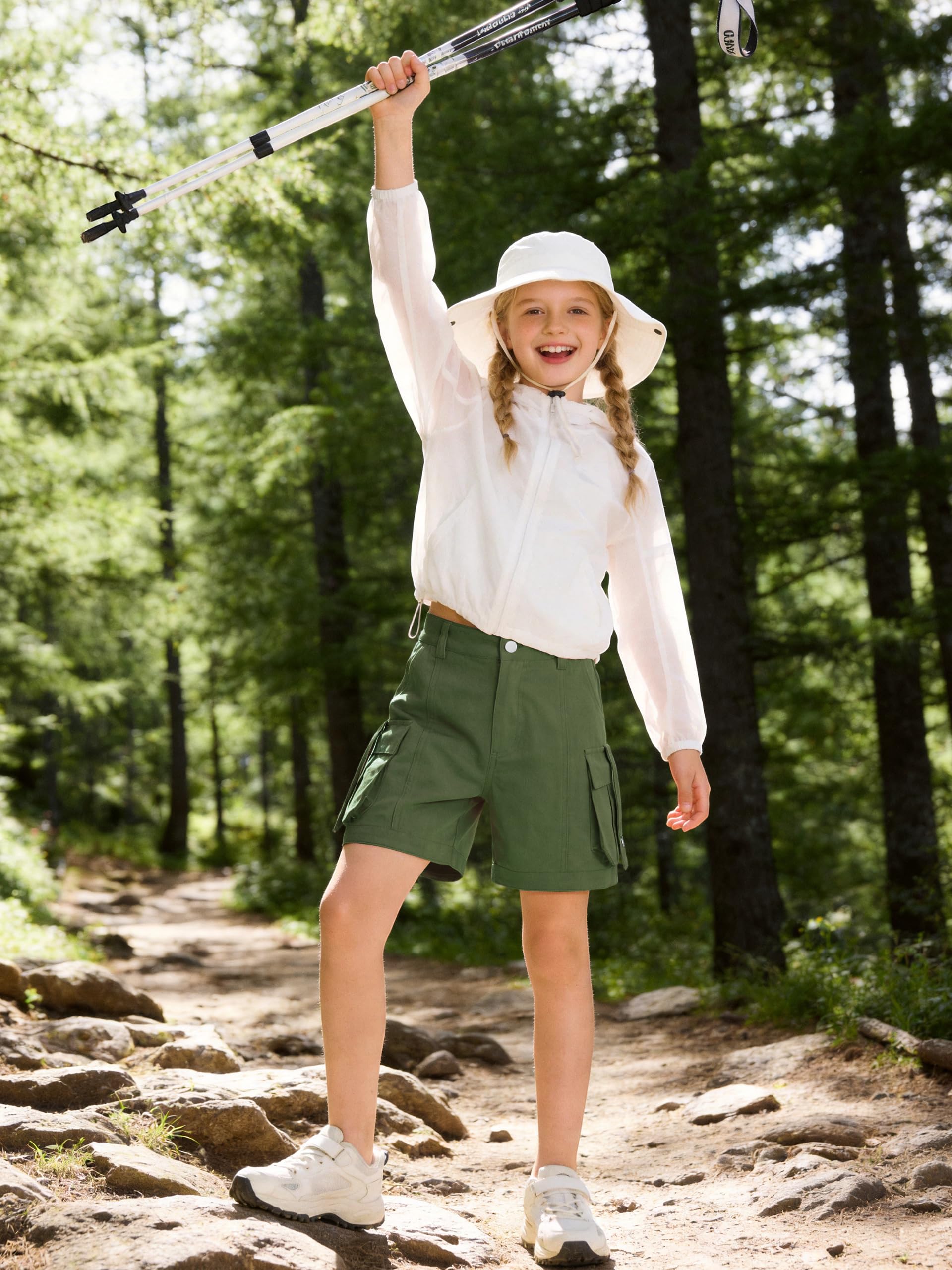 Rolanko Pantalones Cortos Cargo para Niñas, Algodón Ligero con Cintura Semi Elástica, Shorts Uniformes de Verano