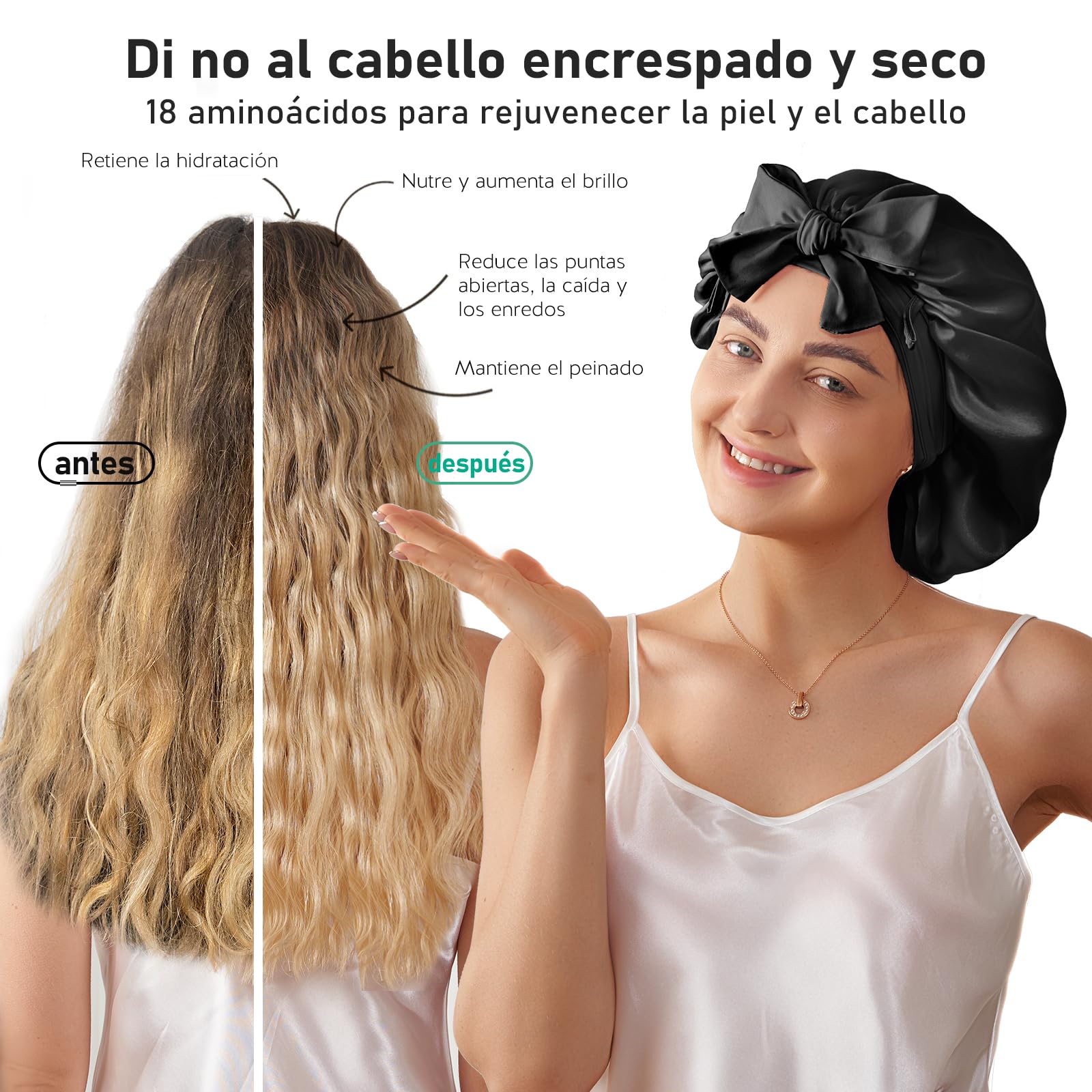 LitBear Gorro de Dormir 100% Seda de Morera para Mujer, 6A 22 Momme, Gran Envoltura de Doble Capa con Banda de Anudación, Turbante Antideslizante, Incluye Coletero