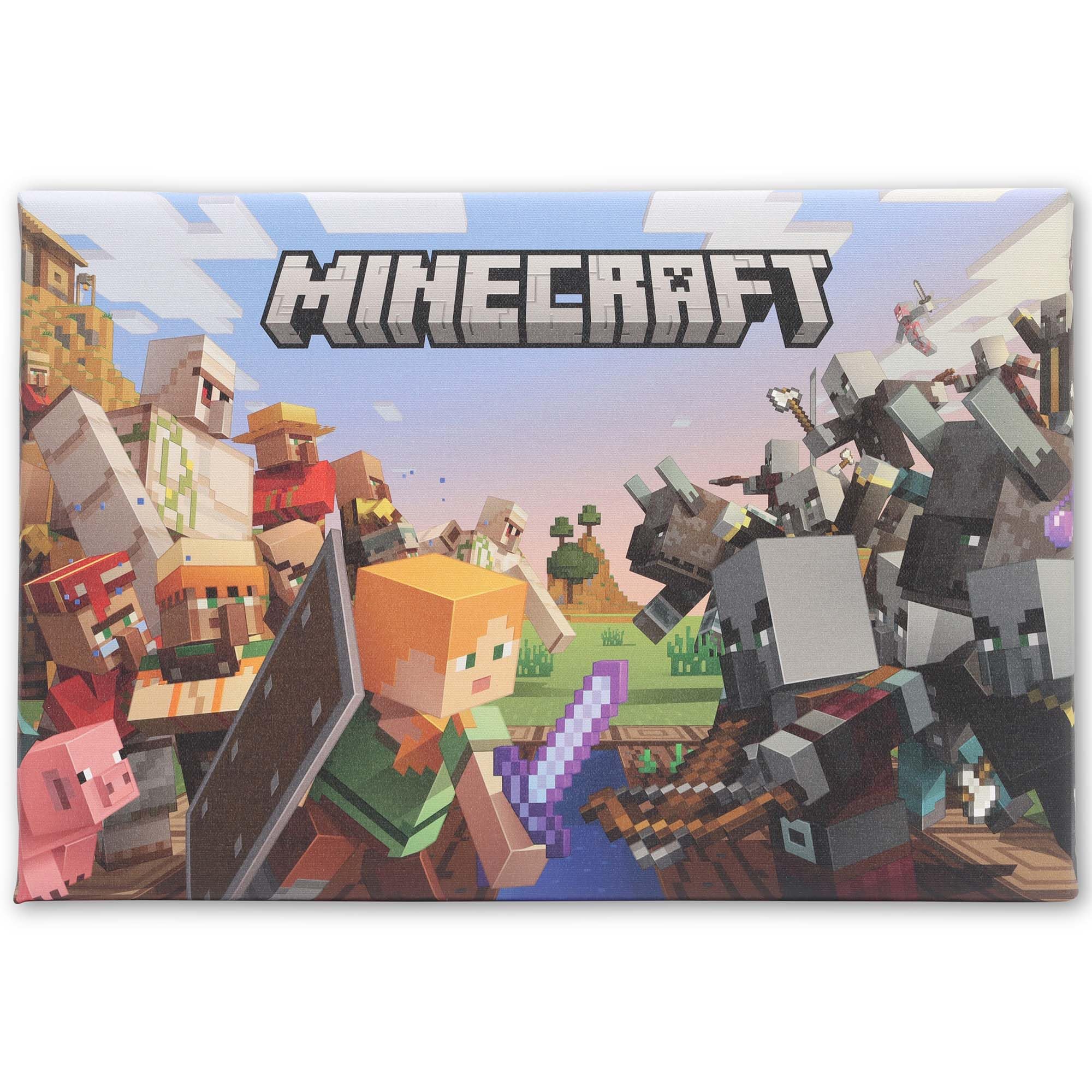 Open Road Brands Light Blue Minecraft Battle Scene Gallery Wrapped Canvas Wall Decor - Fun Minecraft Wall Art For Game Room Or Bedroom