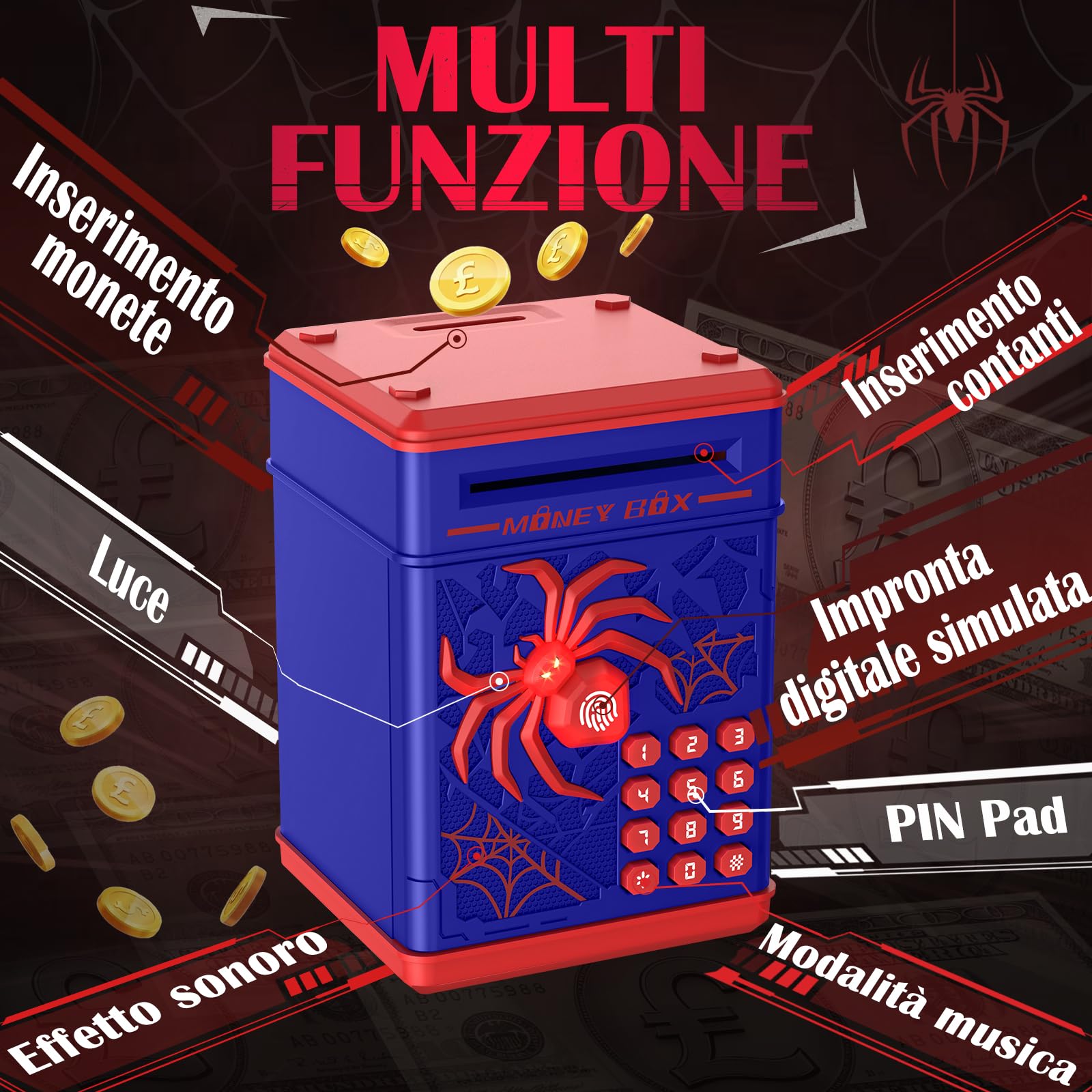 Yellcetoy Salvadanaio Elettronico per Bambini, Spider Cassaforte con Codice di Sicurezza e Musica, Compleanno Regali di Natale per Ragazzi Ragazze 3 4 5 6 7+ anni Blu