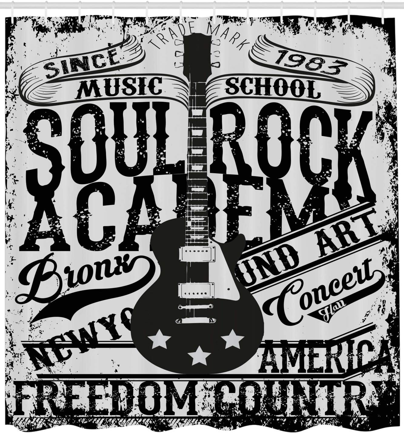 Ambesonne Retro Shower Curtain, Soul Rock Academy Theme Music Electric Guitar Freedom Poster Like Image, Cloth Fabric Bathroom Decor Set with Hooks, 69" W x 70" L, Beige and Black