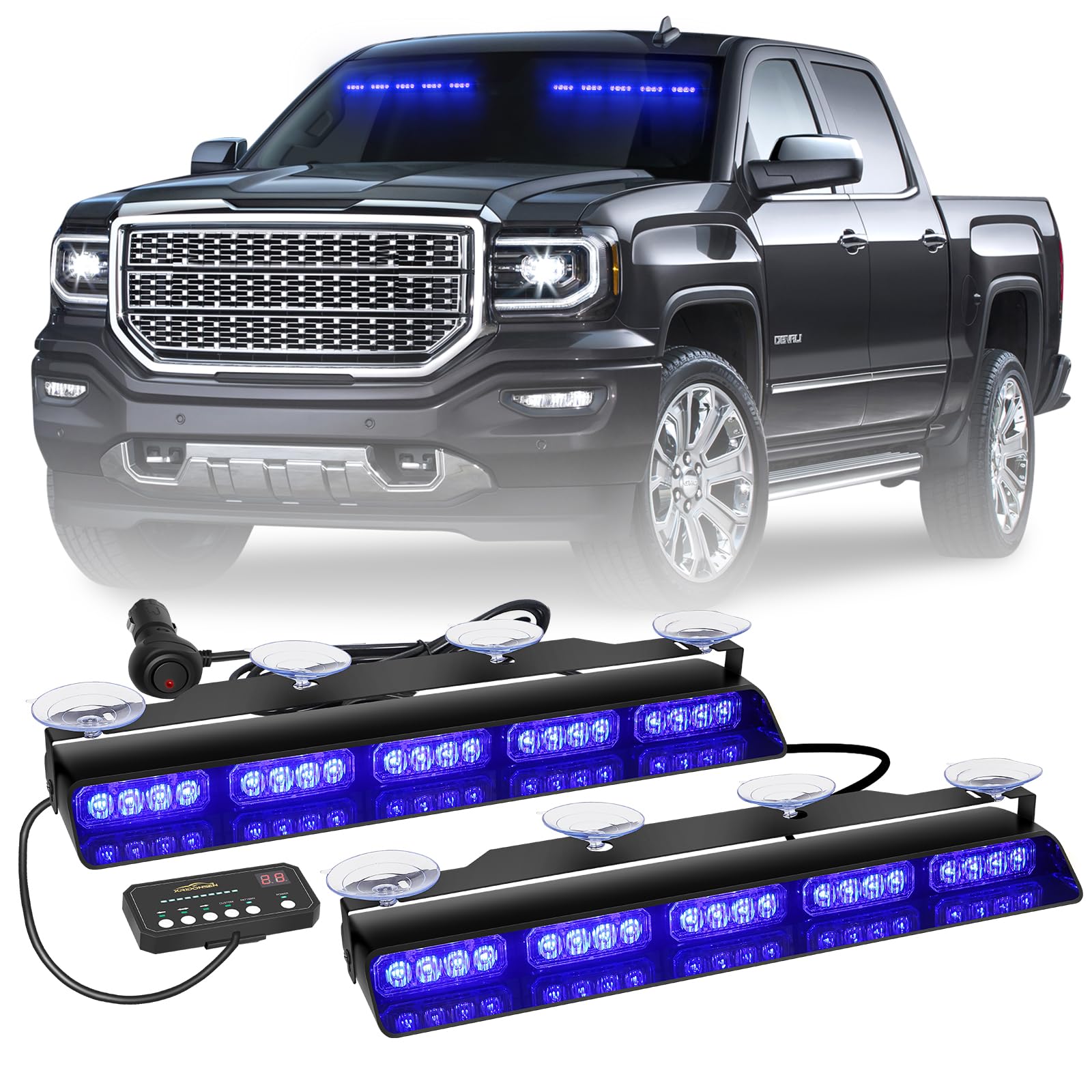 XRIDONSEN 2x 17 inch Blue Emergency Lights Bar 40 LED Dash Strobe Lights Interior Front/Rear Windshield Lights Safety Flashing Warning Hazard Light for Ambulance Firefighter Police Vehicles Trucks Car