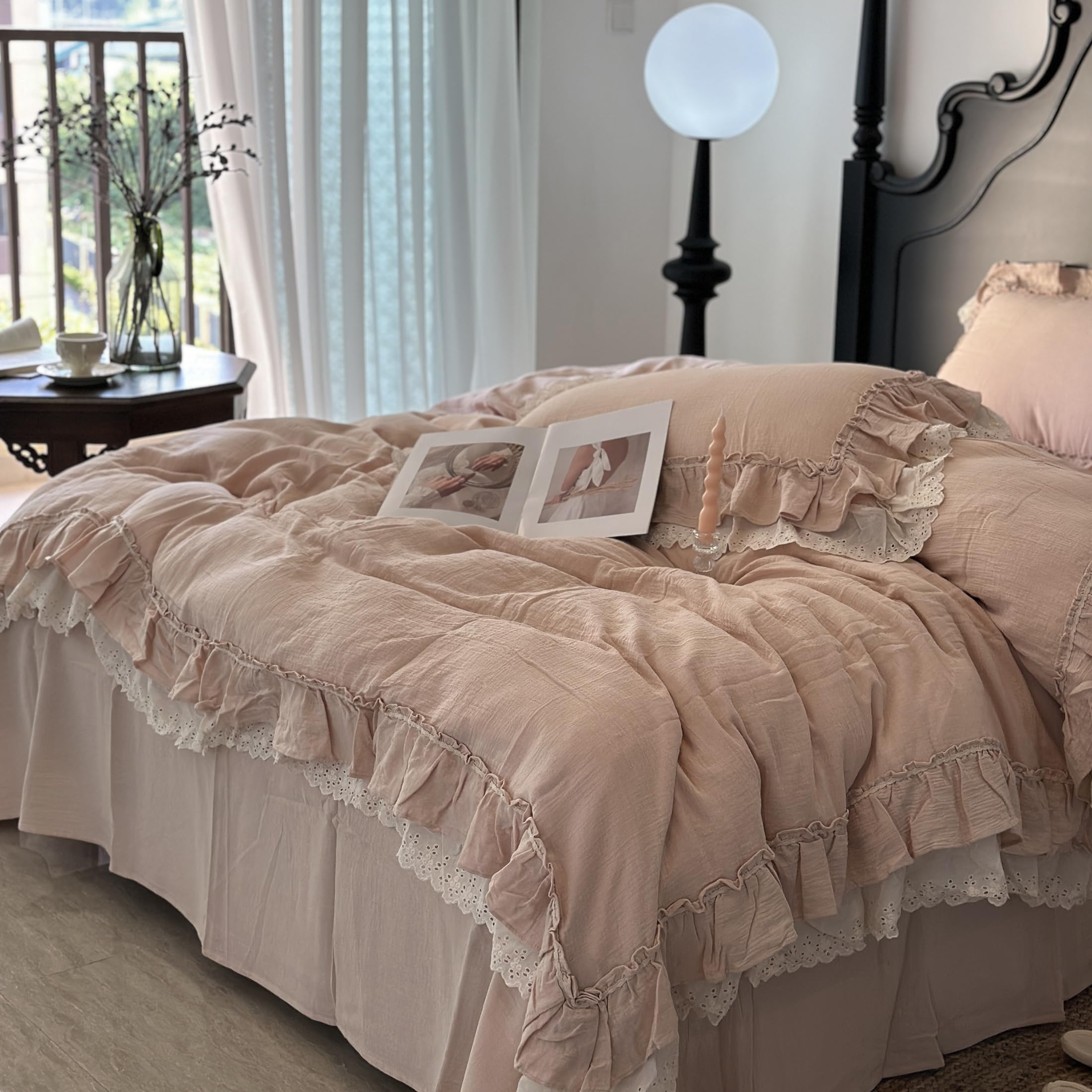 GETIYA Hellrosa Rosa Bettwäsche 135x200 Baumwolle Bettbezug Unifarben Rüschen Bettwäsche Mädchen Damen Deckenbezug Einzelbett mit Reißverschluss und 1 Kissenbezug 80x80