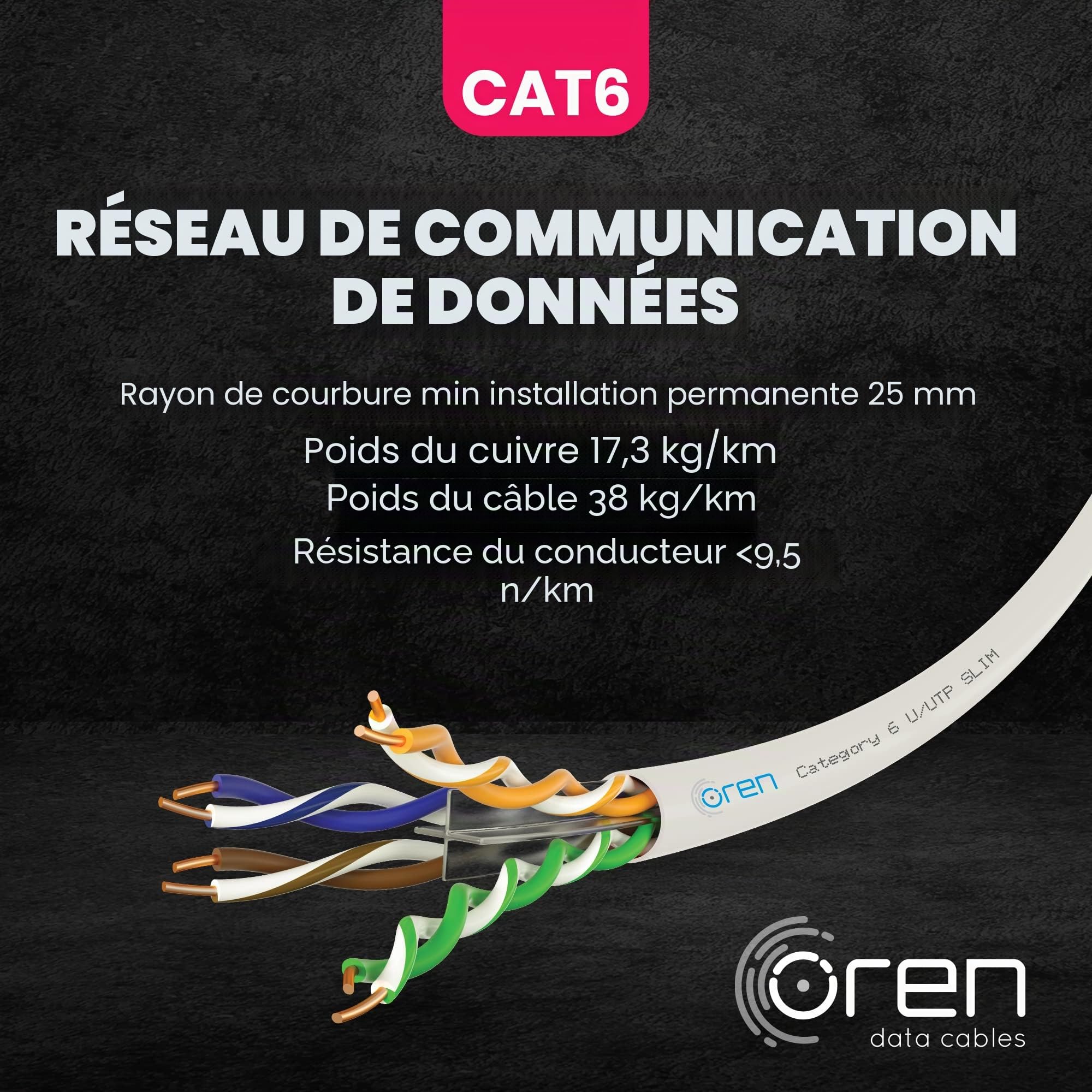 Oren Câble Ethernet CAT6 100m - Fin - Fil de cuivre pur 23 AWG - Bande passante 250 MHz - Câble réseau LAN Internet UTP - Sans halogène, non corrosif - Câble Ethernet Gigabit haut débit - Blanc
