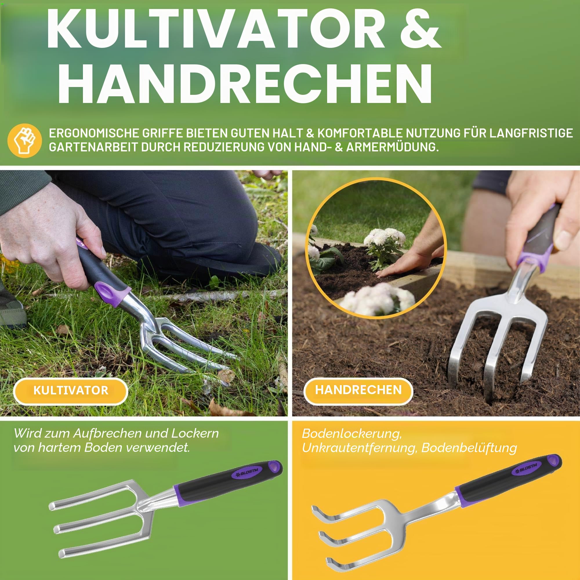 BLOSTM Gartenwerkzeug-Set, 11-teilig, robustes Gartengeräte-Set mit wasserdichter Tragetasche, rostfreies Gartenkellen-Set mit ergonomischen Griffen, Gartengeschenke für Männer und Frauen (lila