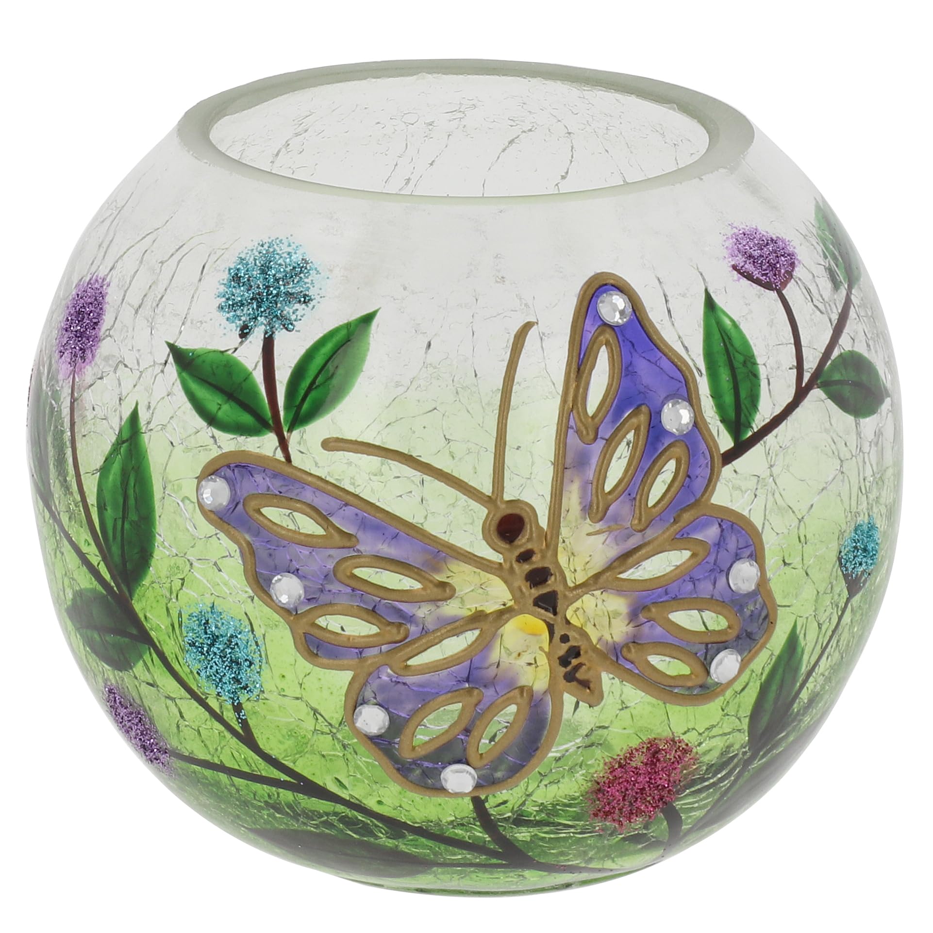 Shudehill Giftware Green Small Crackle Round Tealight Holder - Butterfly Glitter Embellished Stained Glass Candle Holder, Vibrant Floral Design