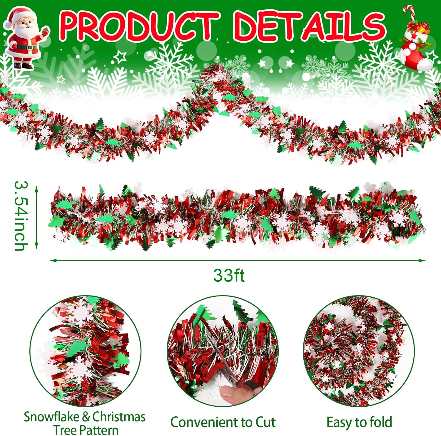 LOAVER 33 FT Christmas Tinsel Garland with Snowflake Christmas Tree,Green Red Metallic Tinsel Twist Garland Shiny Hanging Decoration for Xmas Tree Party Supplies Stair Railing Indoor Outdoor Decor - Image 3